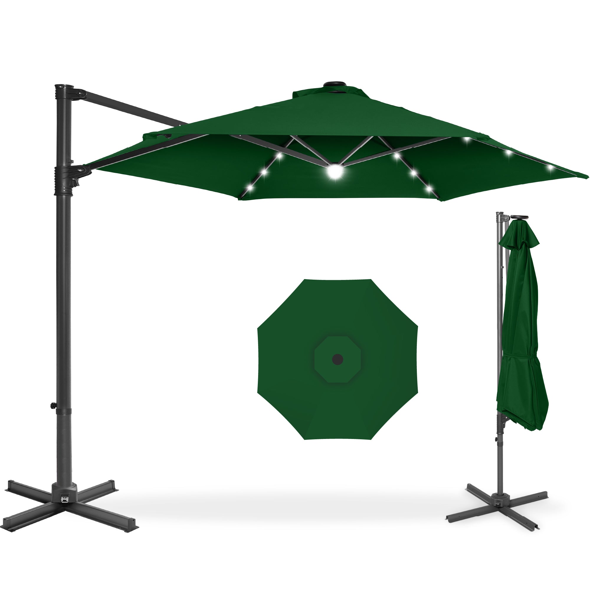 360 LED Rotating Cantilever Offset Patio Umbrella - 10ft - Green
