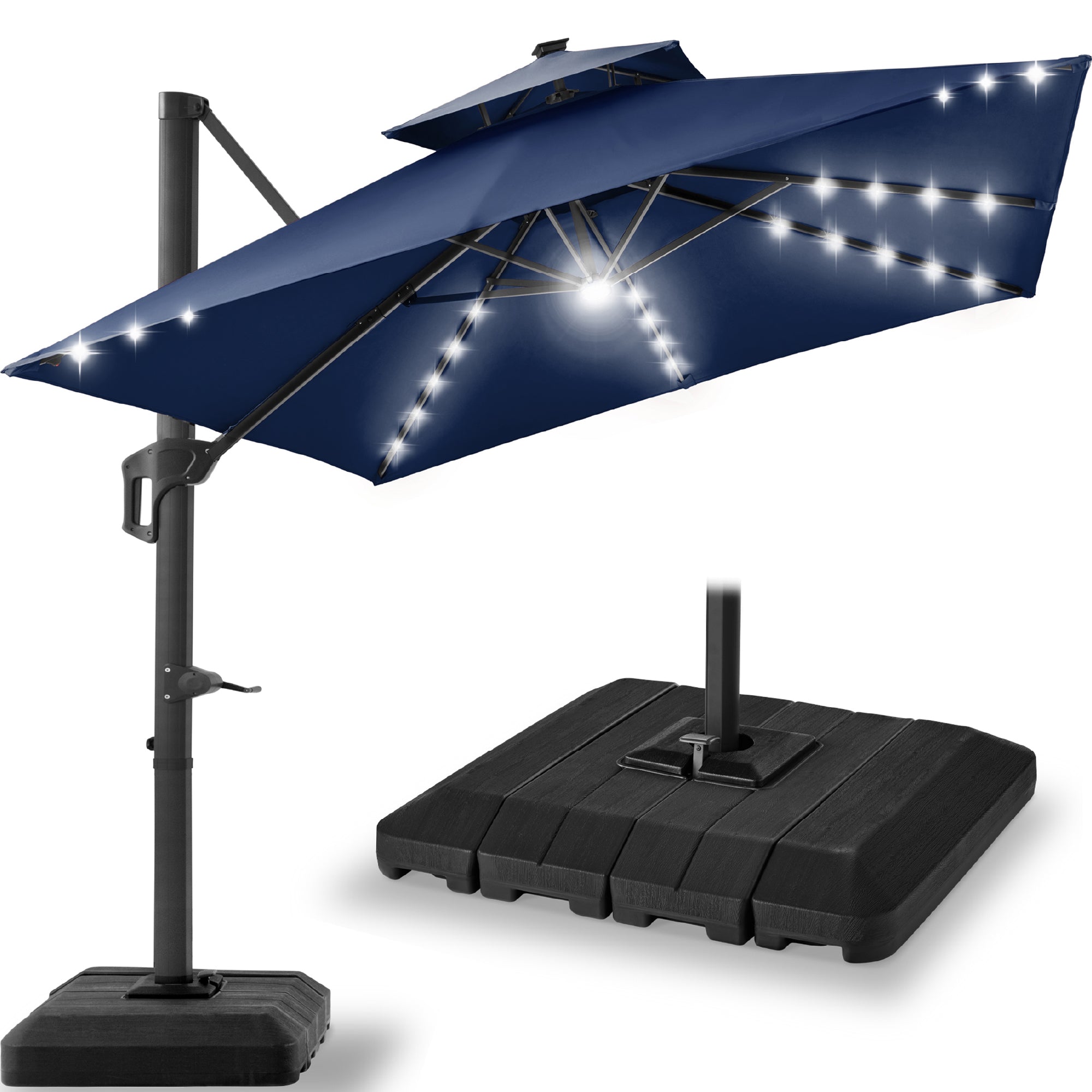 9x12ft 2-Tier Outdoor Solar LED Cantilever Patio Umbrella - Navy Blue