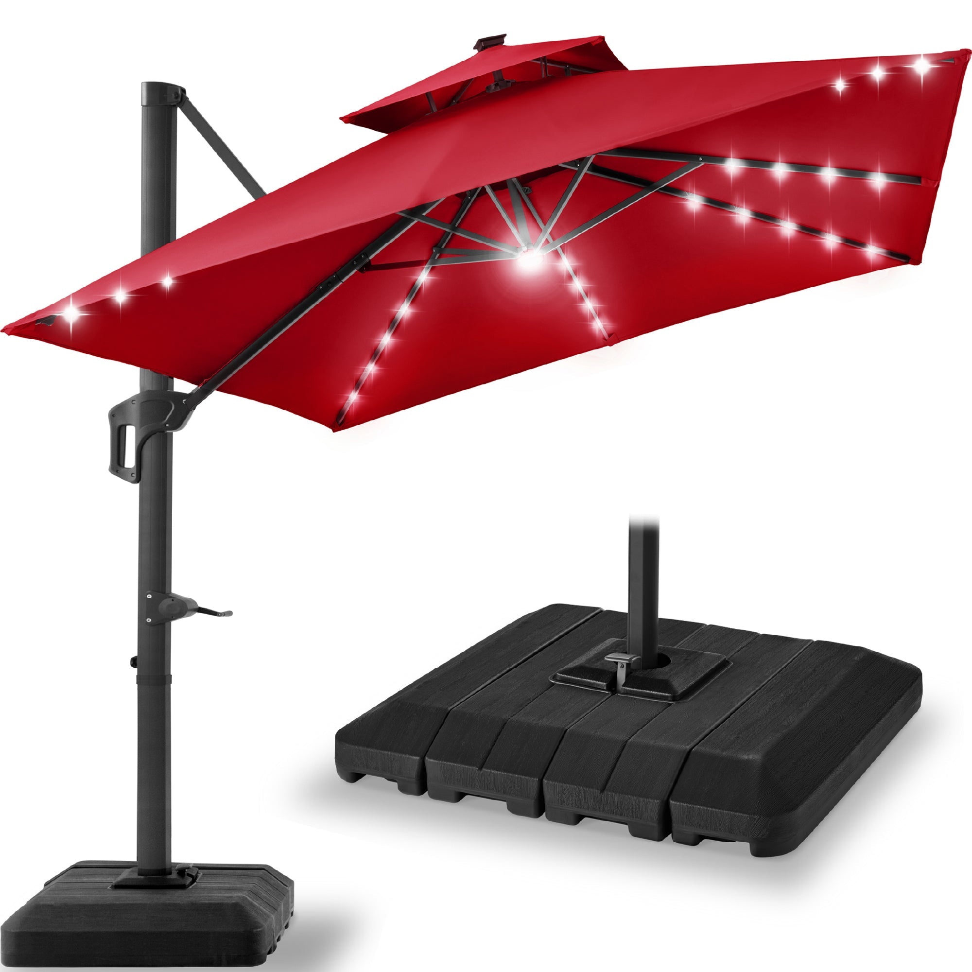 9x12ft 2-Tier Outdoor Solar LED Cantilever Patio Umbrella - Red