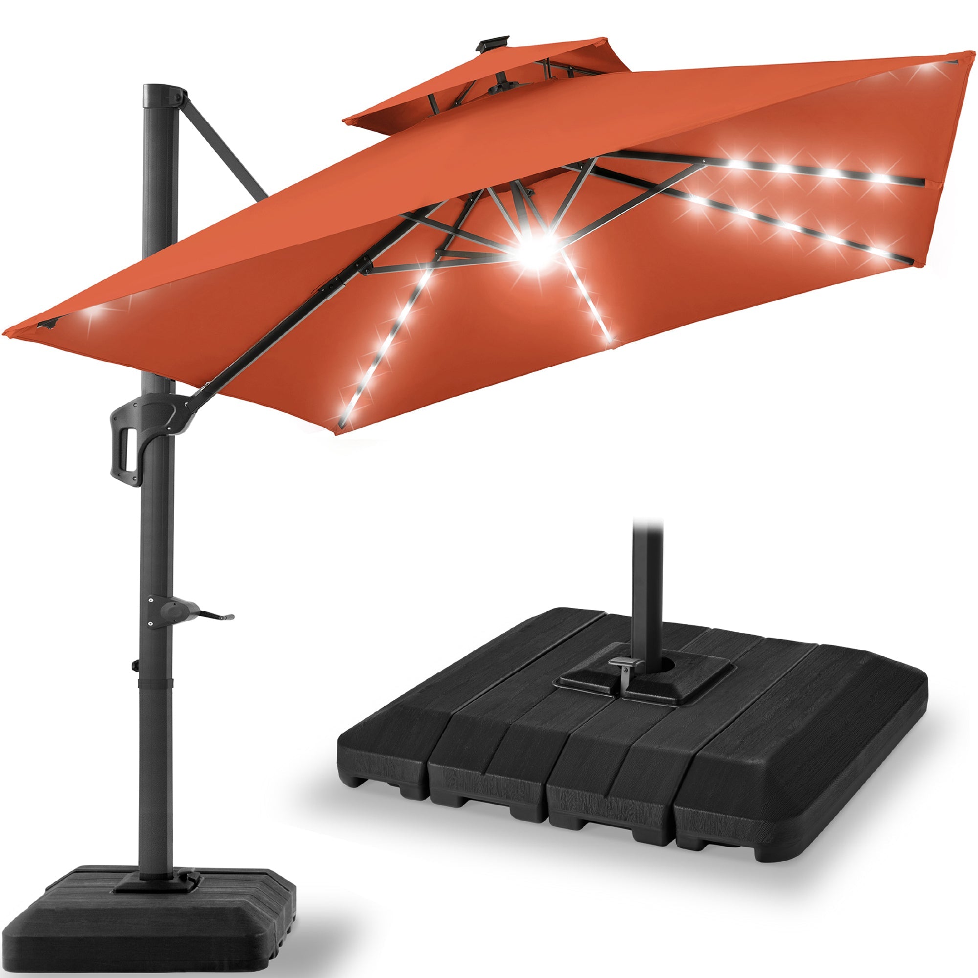 9x12ft 2-Tier Outdoor Solar LED Cantilever Patio Umbrella - Rust