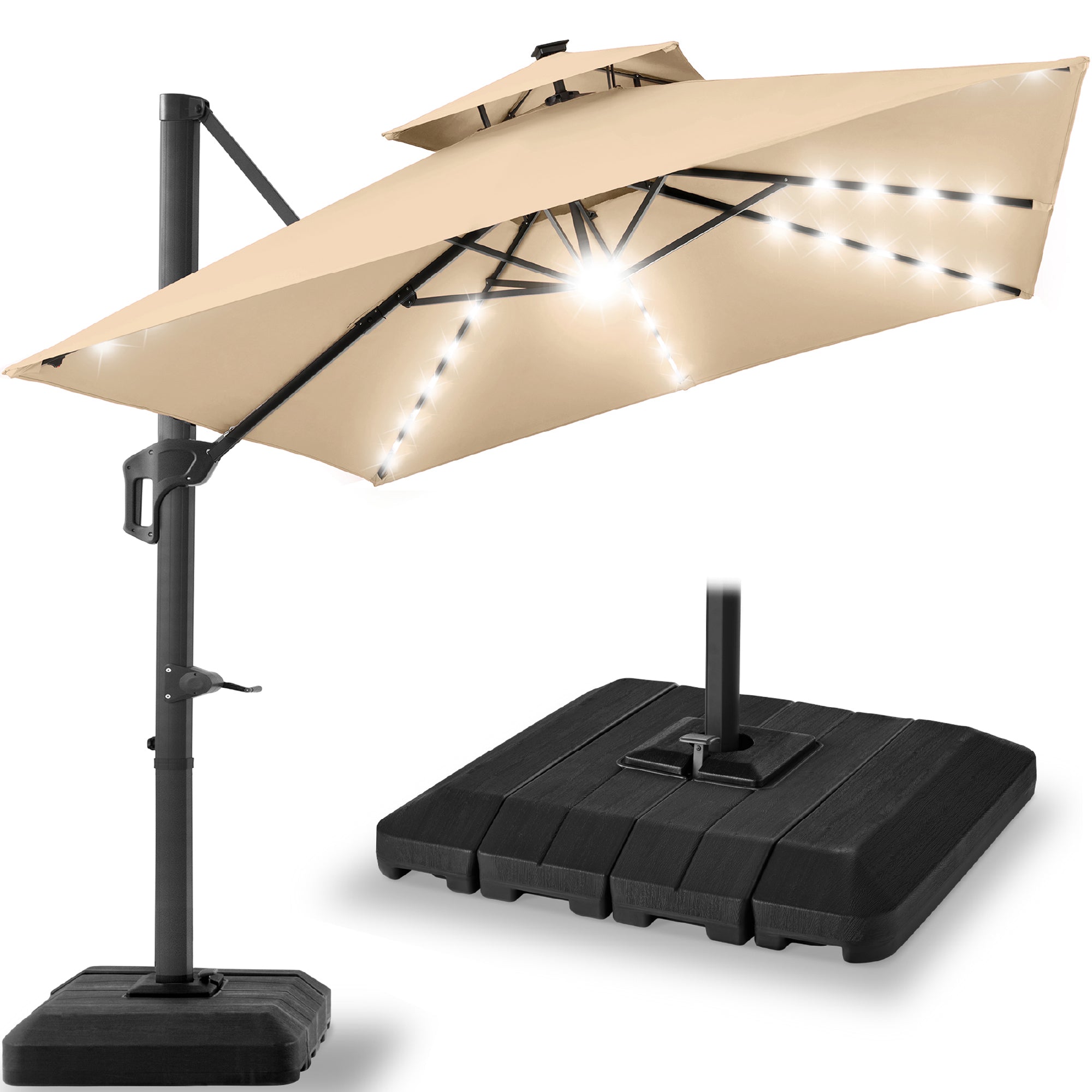 9x12ft 2-Tier Outdoor Solar LED Cantilever Patio Umbrella - Sand