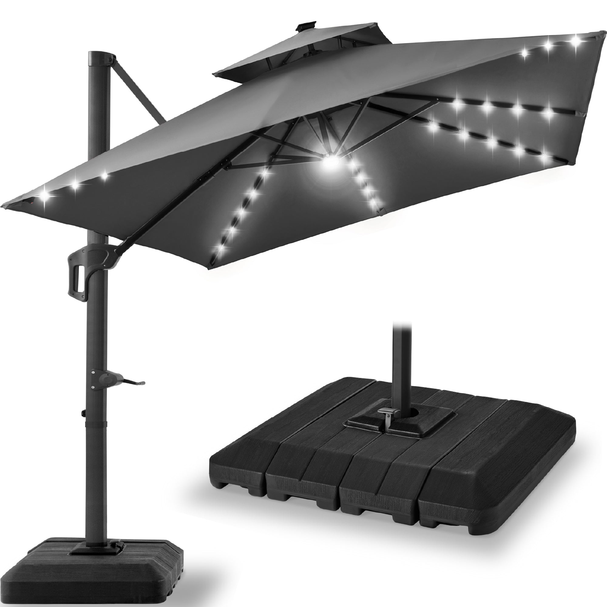 12x12ft 2-Tier Outdoor Solar LED Cantilever Patio Umbrella - Gray