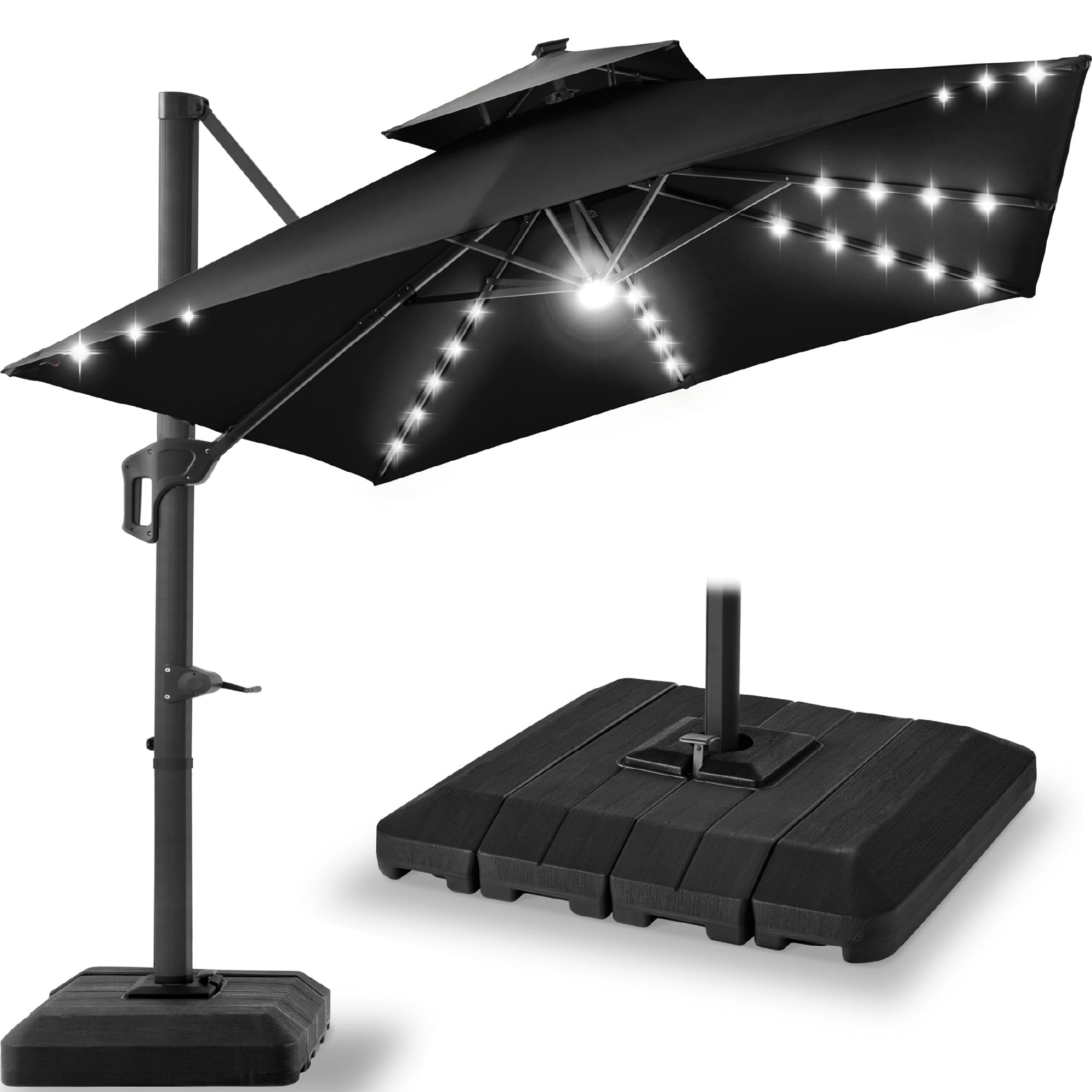 12x12ft 2-Tier Outdoor Solar LED Cantilever Patio Umbrella - Black