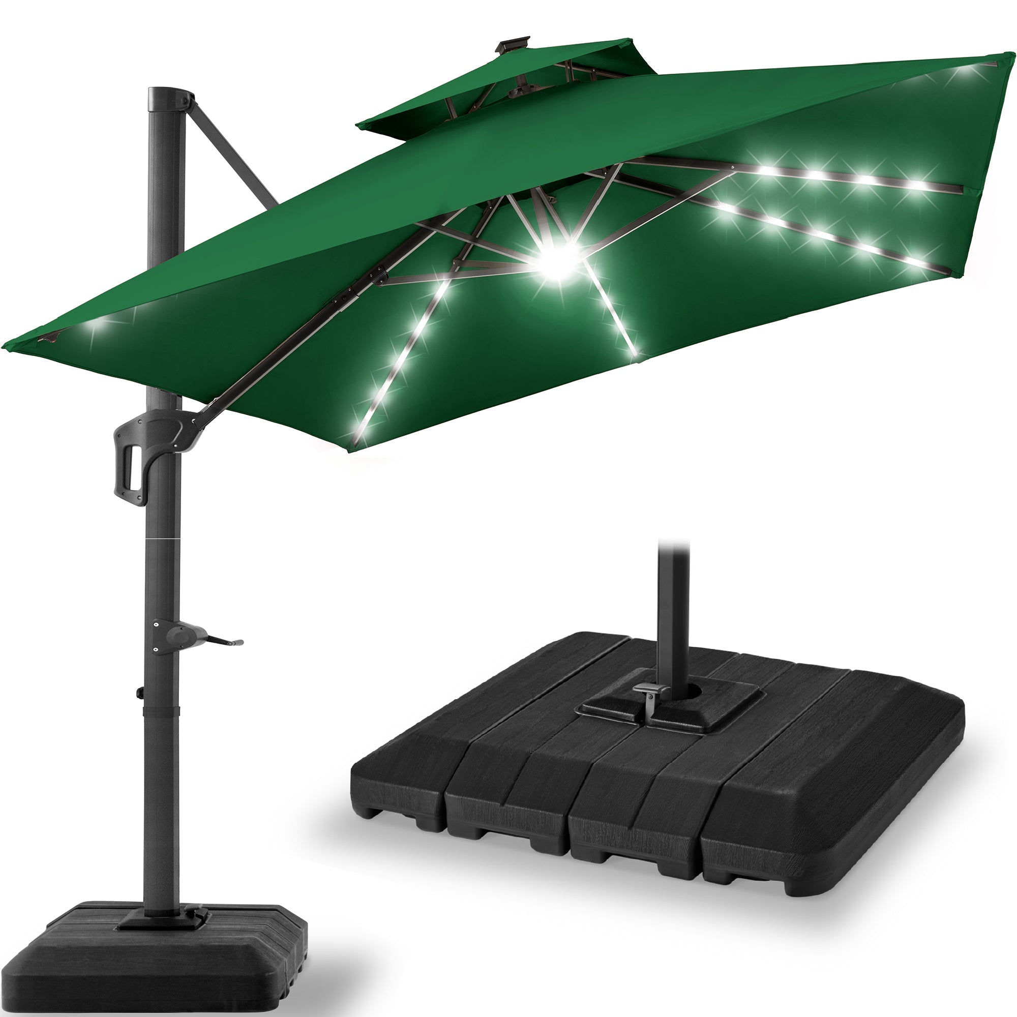 12x12ft 2-Tier Outdoor Solar LED Cantilever Patio Umbrella - Green