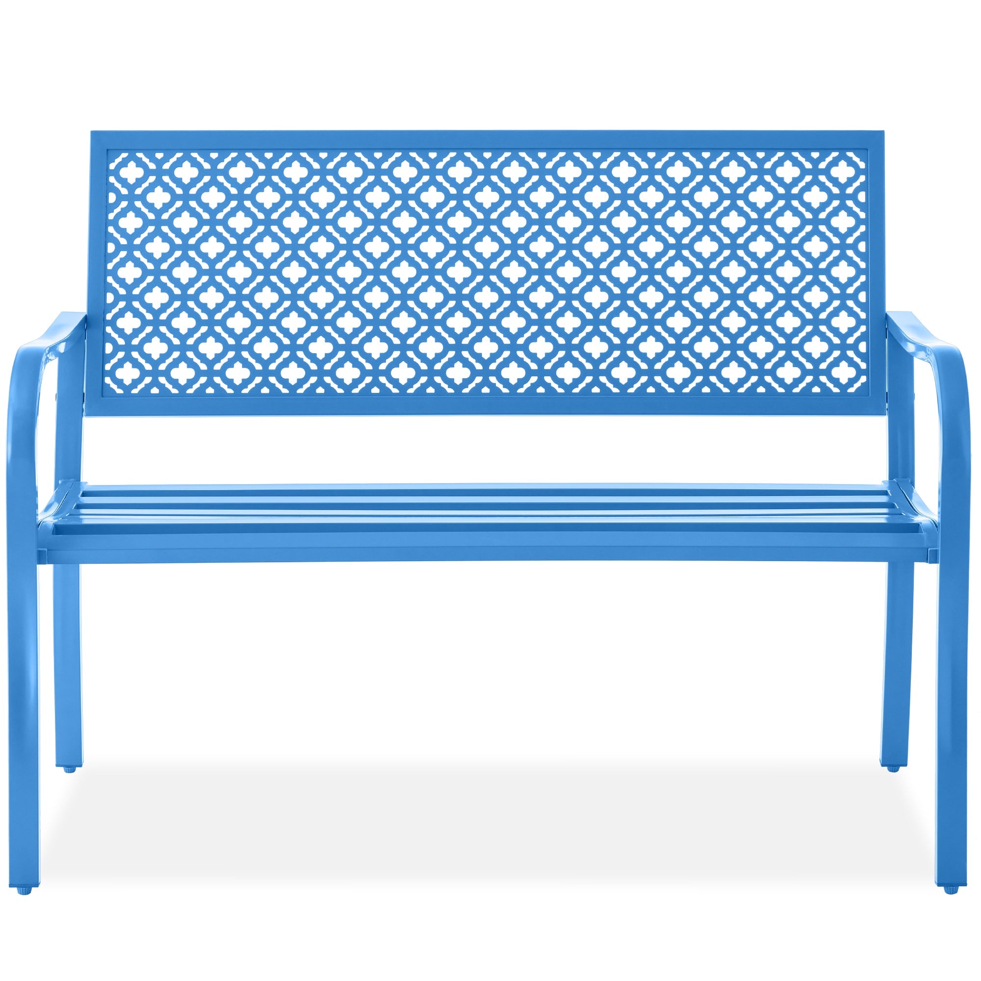 Indoor Outdoor Steel Bench w/ Geometric Backrest, Foot Levelers - Ocean Blue