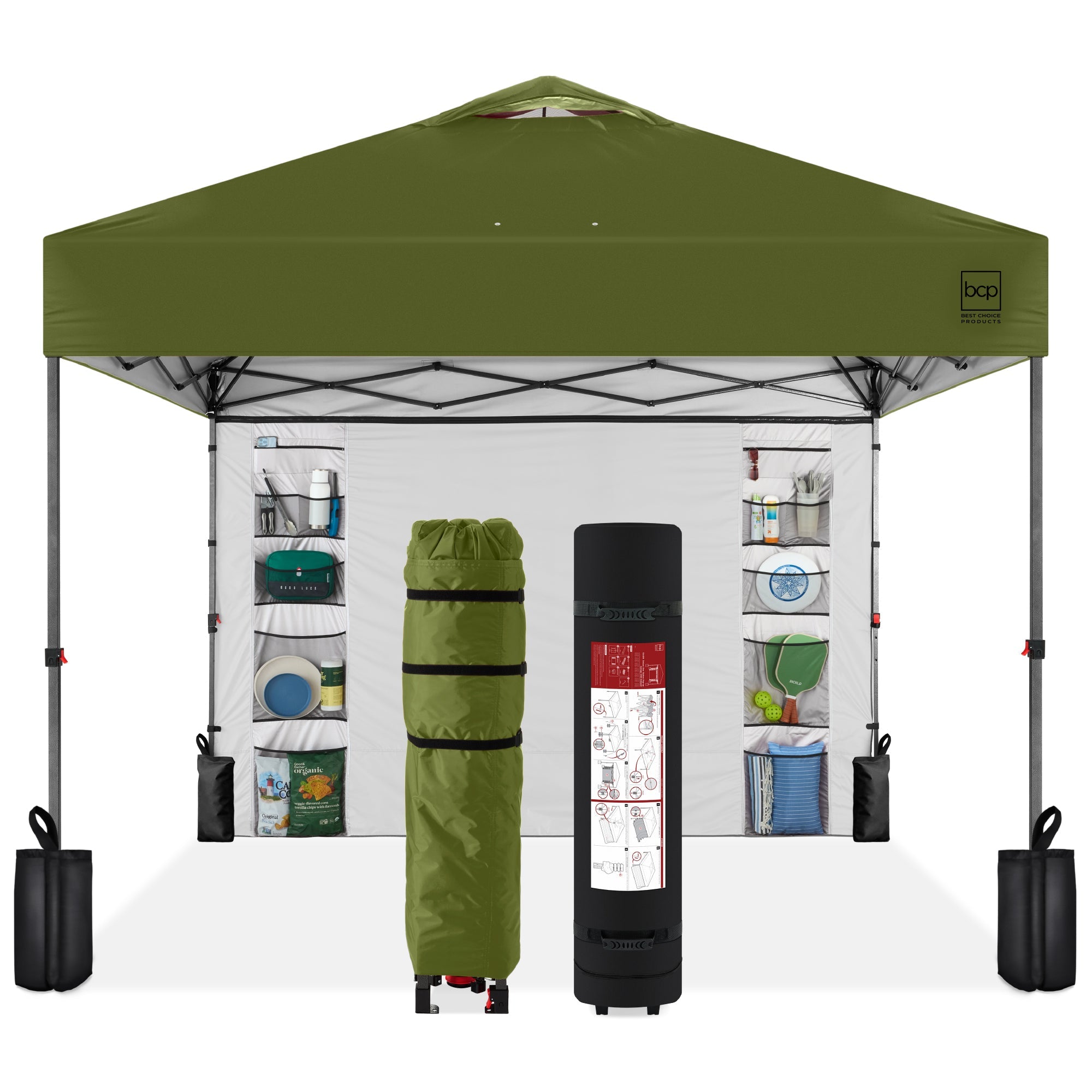 One-Person Setup Instant Pop Up Canopy w/ Side Wall, Carrying Case - 10x10ft - Olive Green