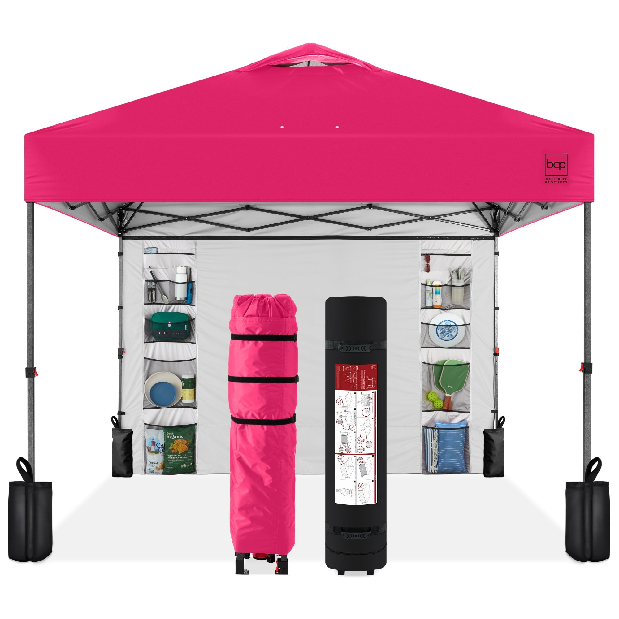 One-Person Setup Instant Pop Up Canopy w/ Side Wall, Carrying Case - 10x10ft - Hot Pink