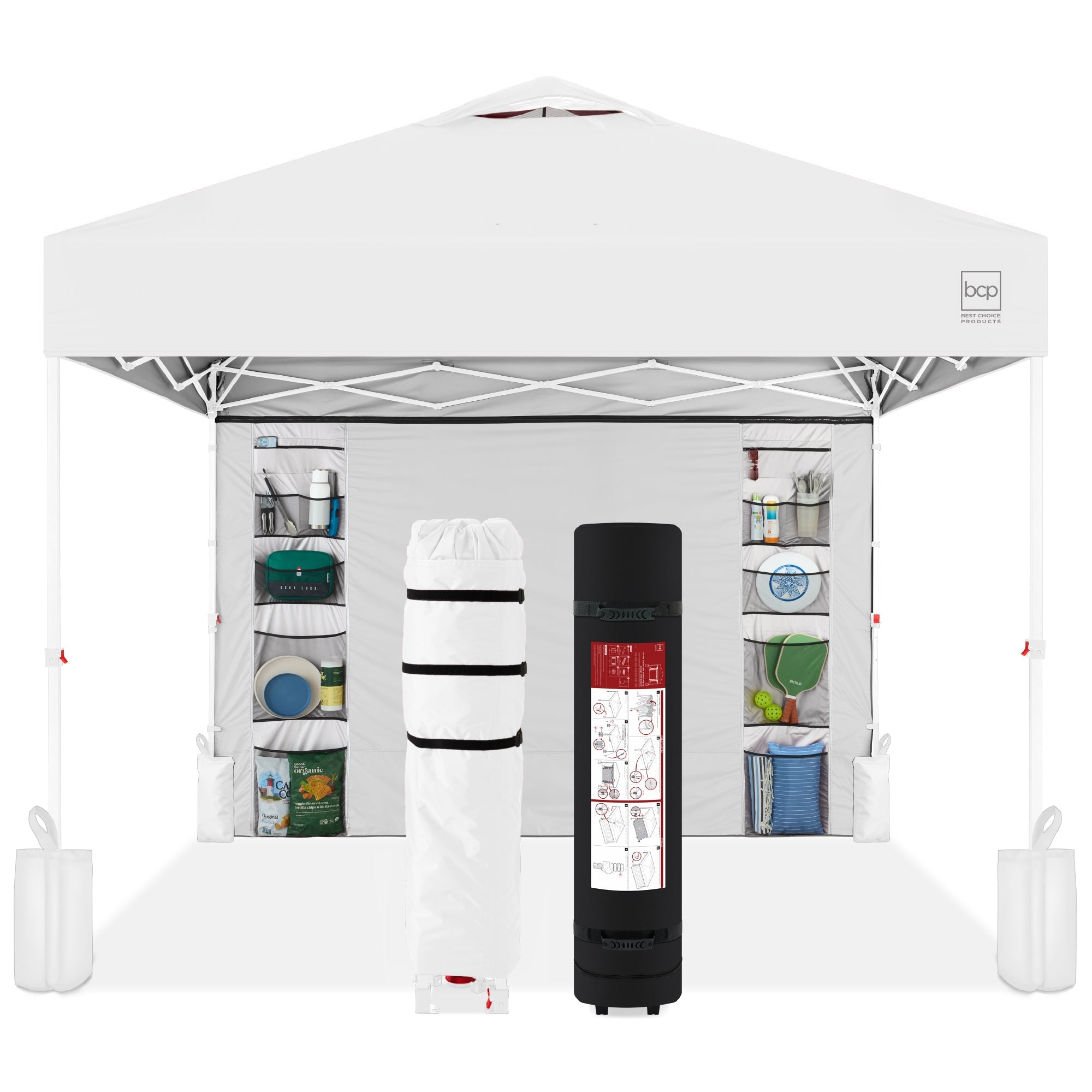 One-Person Setup Instant Pop Up Canopy w/ Side Wall, Carrying Case - 10x10ft - White/White