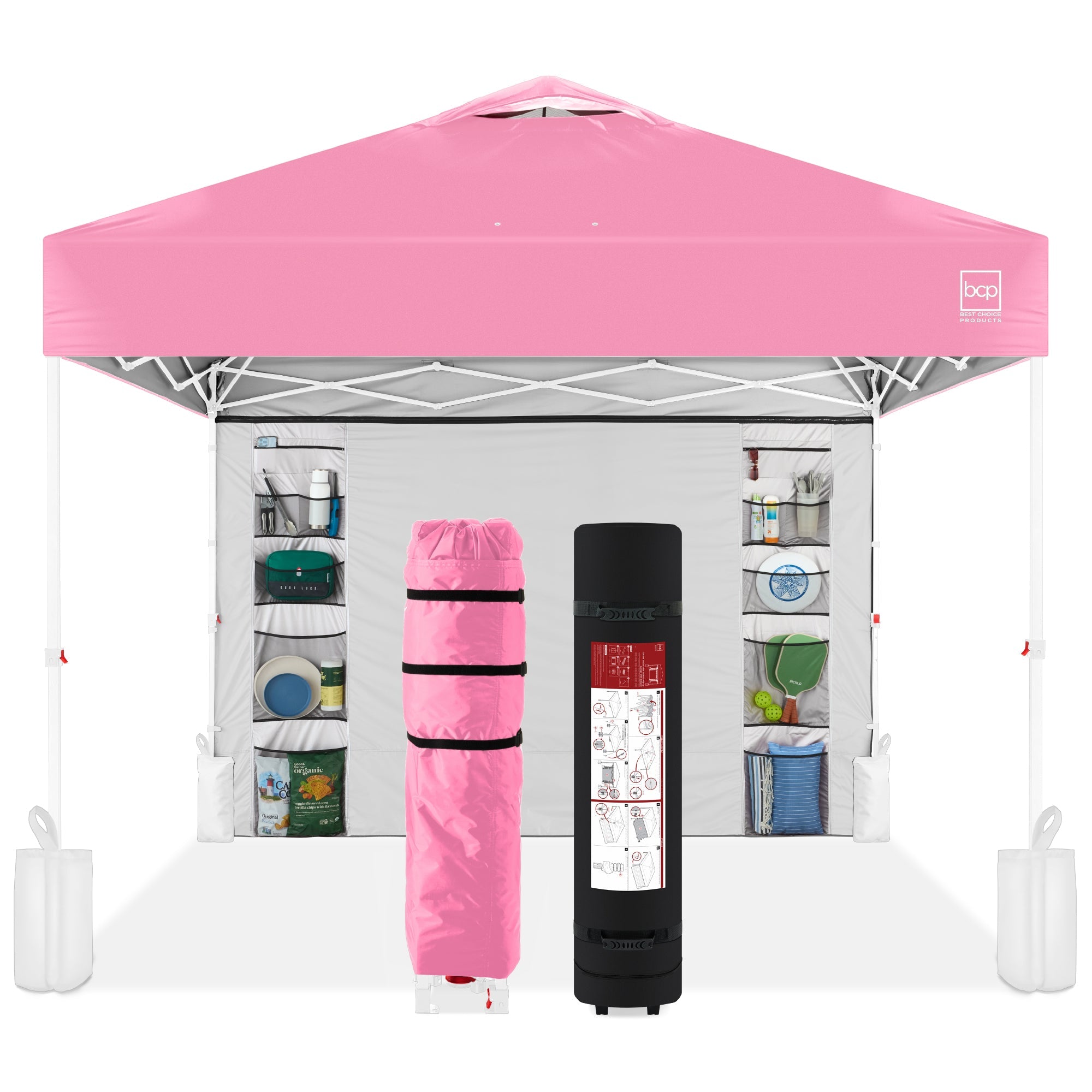 One-Person Setup Instant Pop Up Canopy w/ Side Wall, Carrying Case - 10x10ft - Pink/White