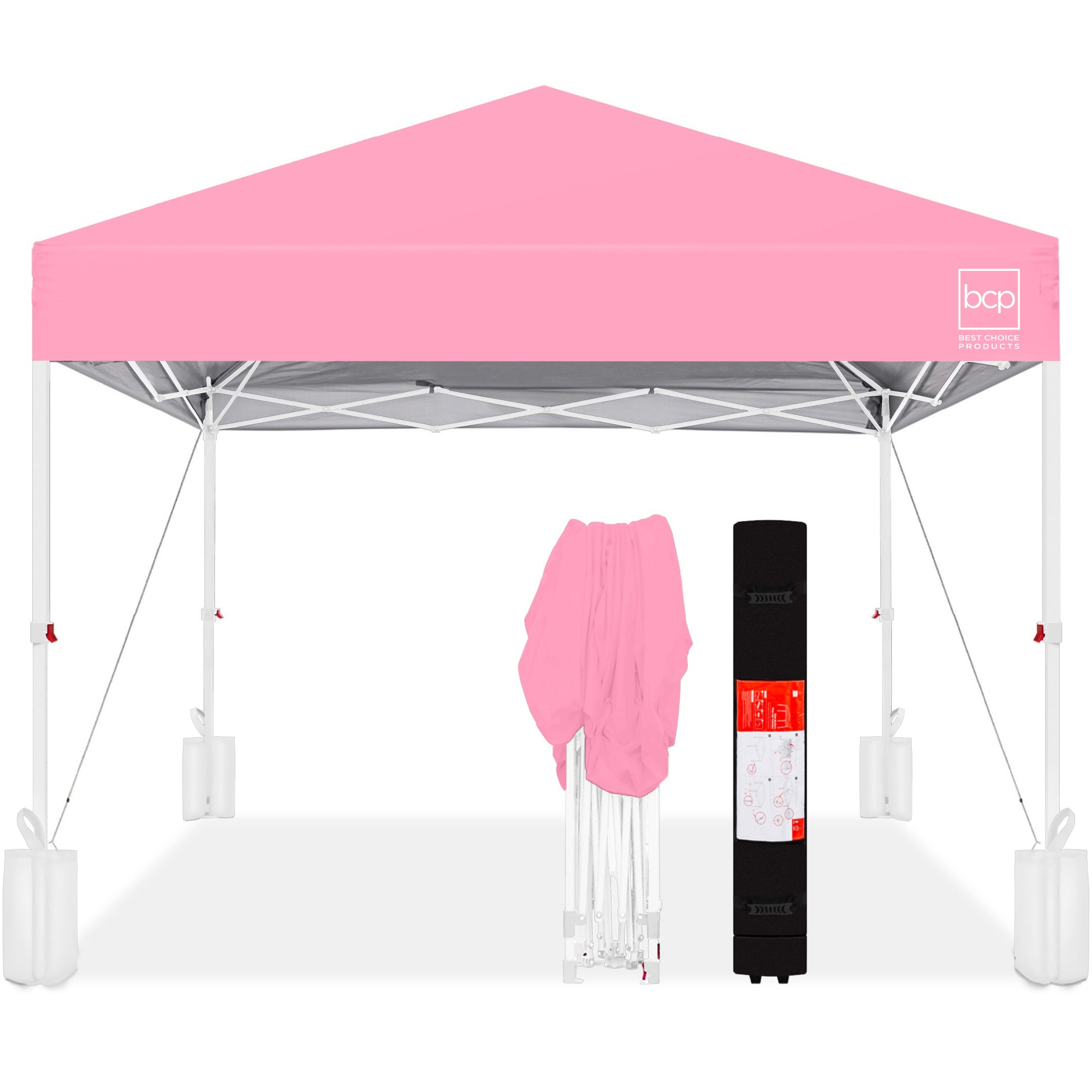 One-Person Setup Instant Pop Up Canopy w/ Case, 4 Weight Bags - 8x8ft - Pink/White