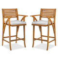 Set of 2 Outdoor Acacia Wood Bar Stools Chairs w/ Weather-Resistant Cushions - White Sand