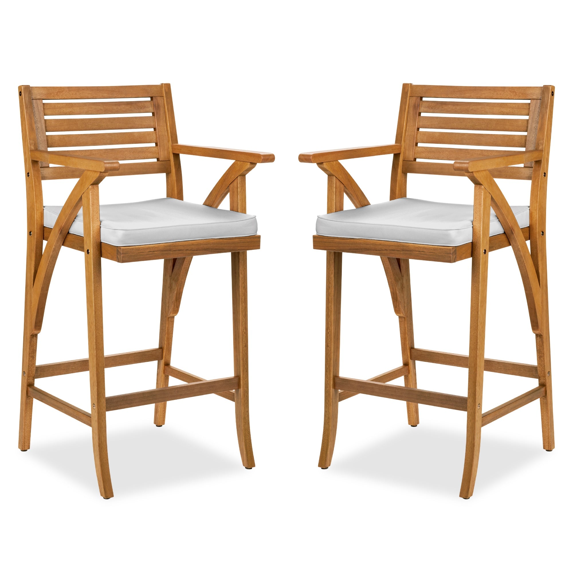 Set of 2 Outdoor Acacia Wood Bar Stools Chairs w/ Weather-Resistant Cushions - White Sand