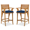 Set of 2 Outdoor Acacia Wood Bar Stools Chairs w/ Weather-Resistant Cushions - Navy