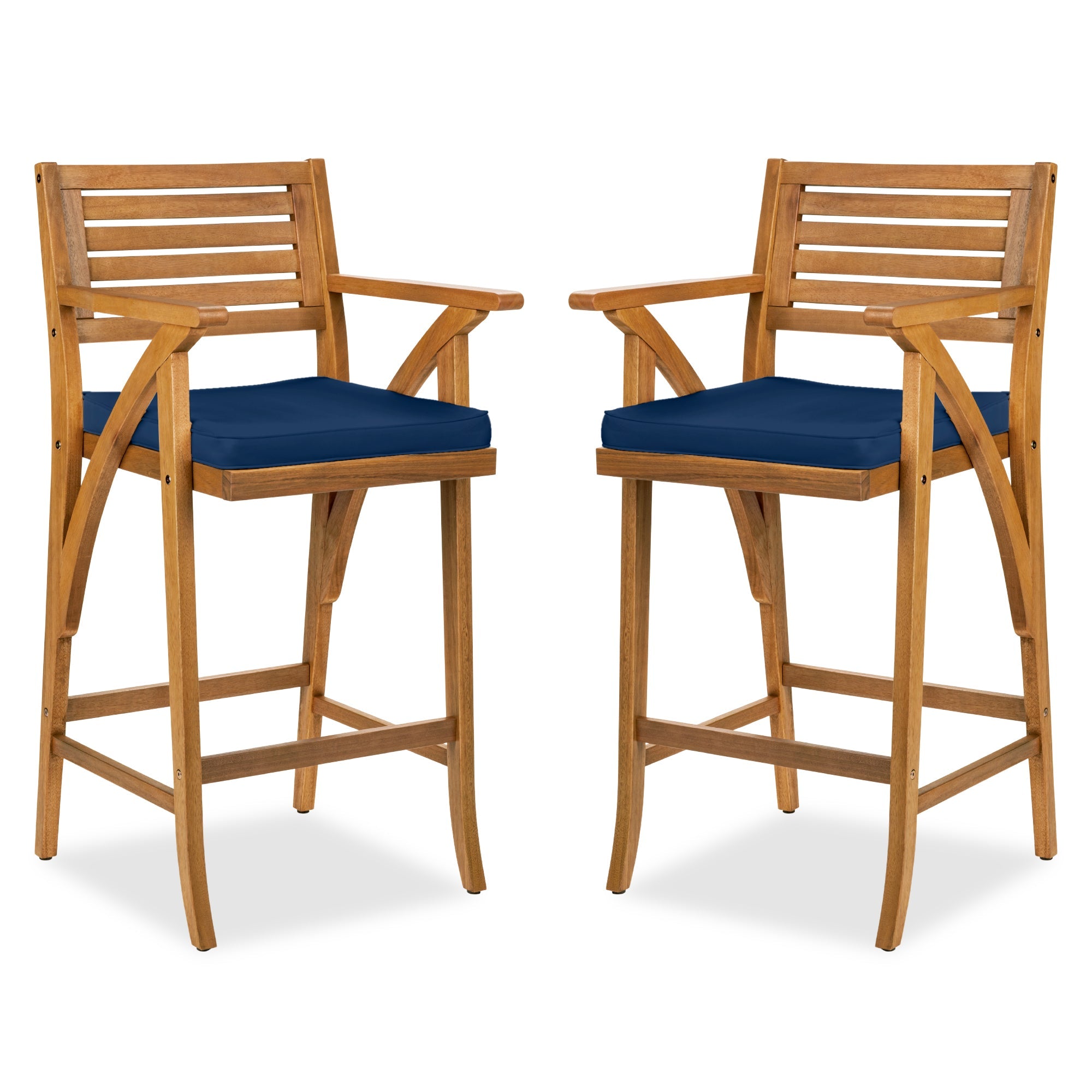 Set of 2 Outdoor Acacia Wood Bar Stools Chairs w/ Weather-Resistant Cushions - Navy