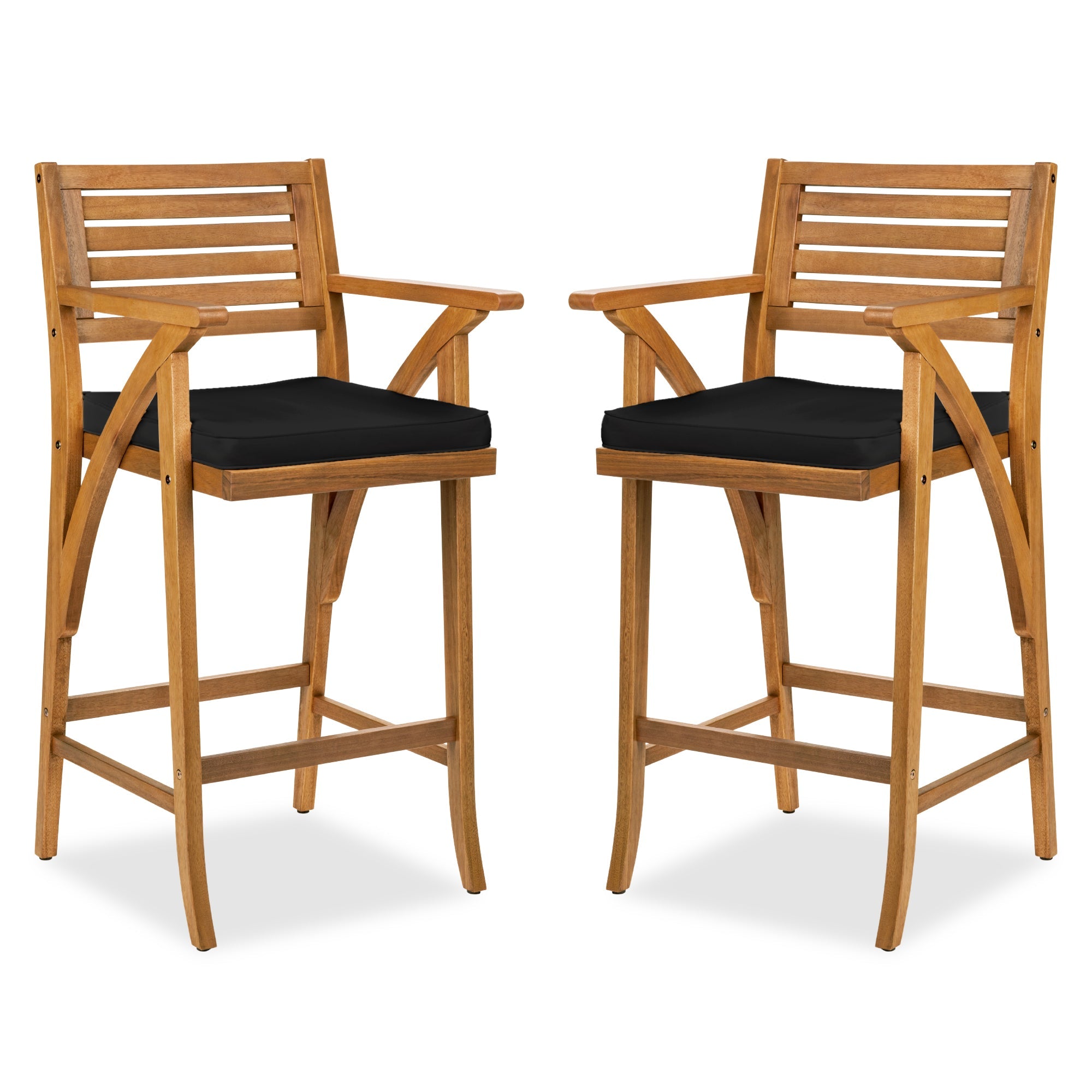Set of 2 Outdoor Acacia Wood Bar Stools Chairs w/ Weather-Resistant Cushions - Black