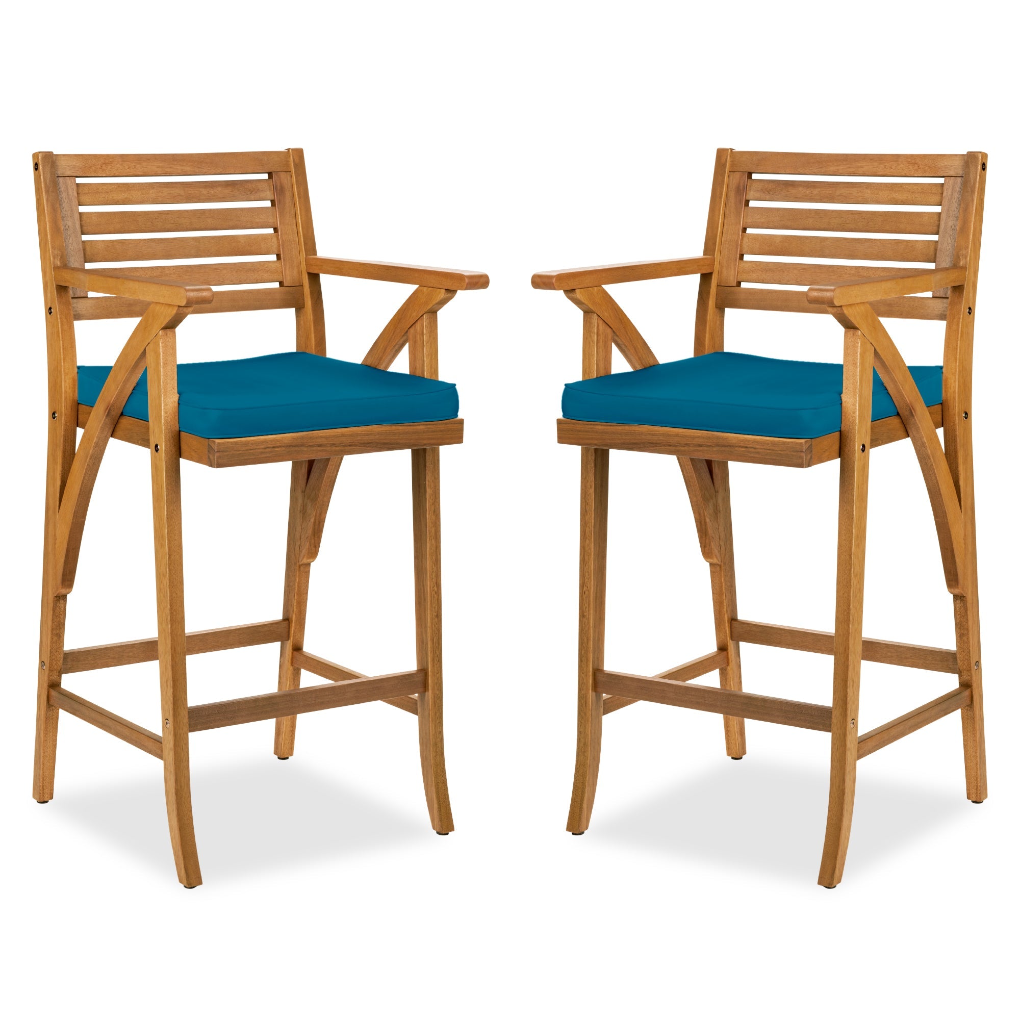 Set of 2 Outdoor Acacia Wood Bar Stools Chairs w/ Weather-Resistant Cushions - Peacock Blue