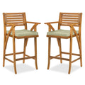 Set of 2 Outdoor Acacia Wood Bar Stools Chairs w/ Weather-Resistant Cushions - Sage