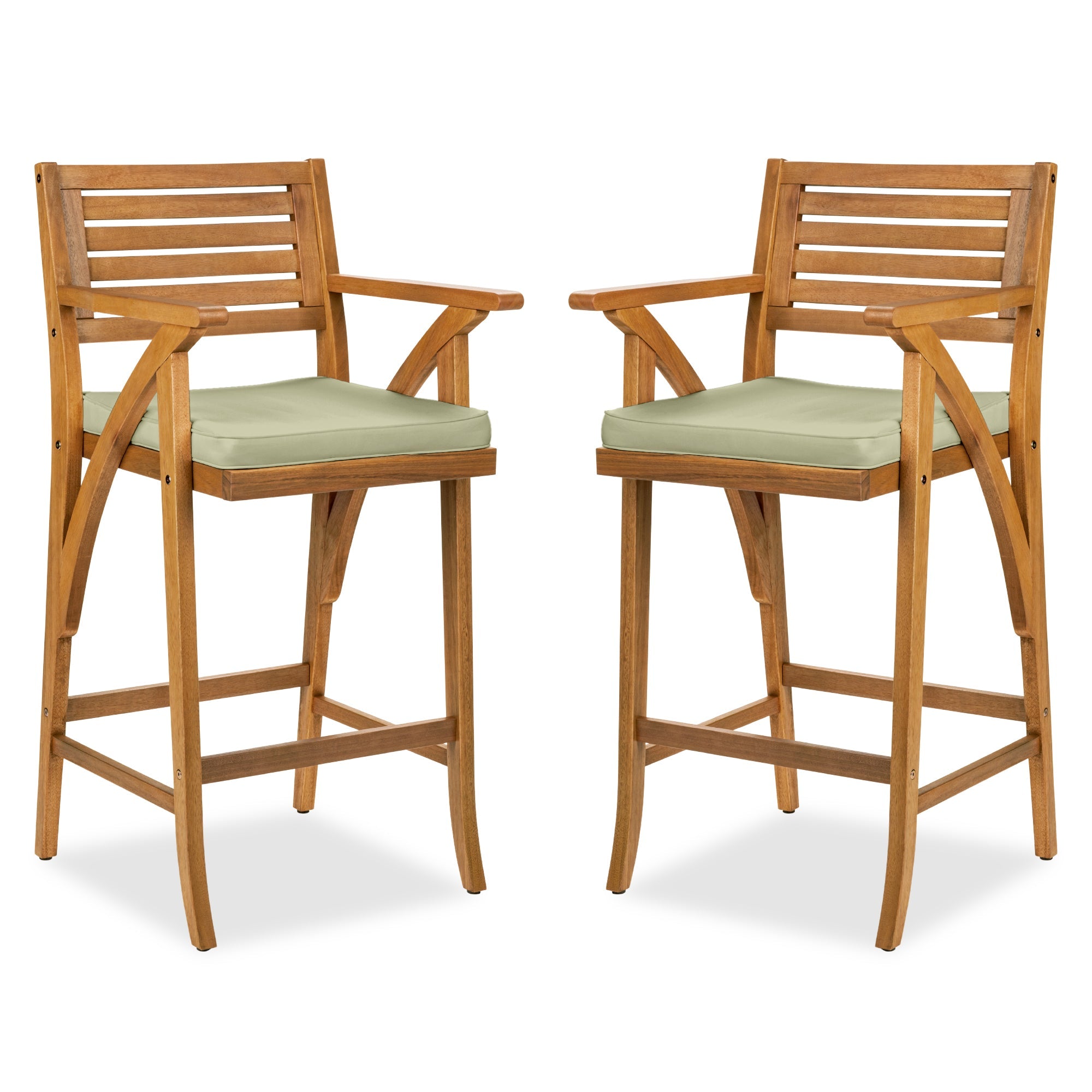 Set of 2 Outdoor Acacia Wood Bar Stools Chairs w/ Weather-Resistant Cushions - Sage