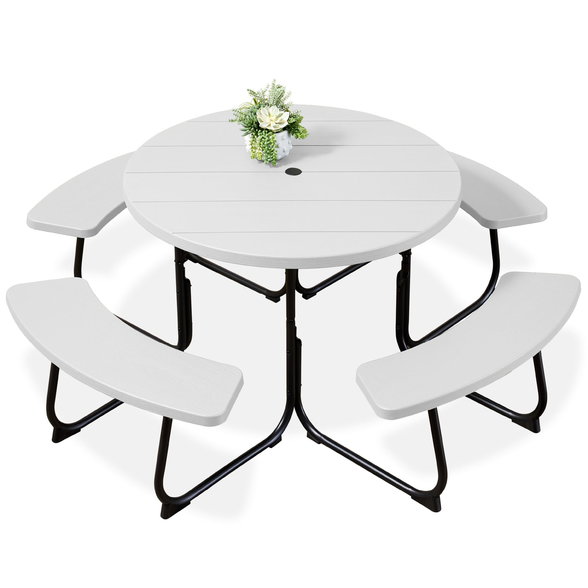 8-Person Circular Picnic Table w/ Umbrella Hole, 4 Benches - White