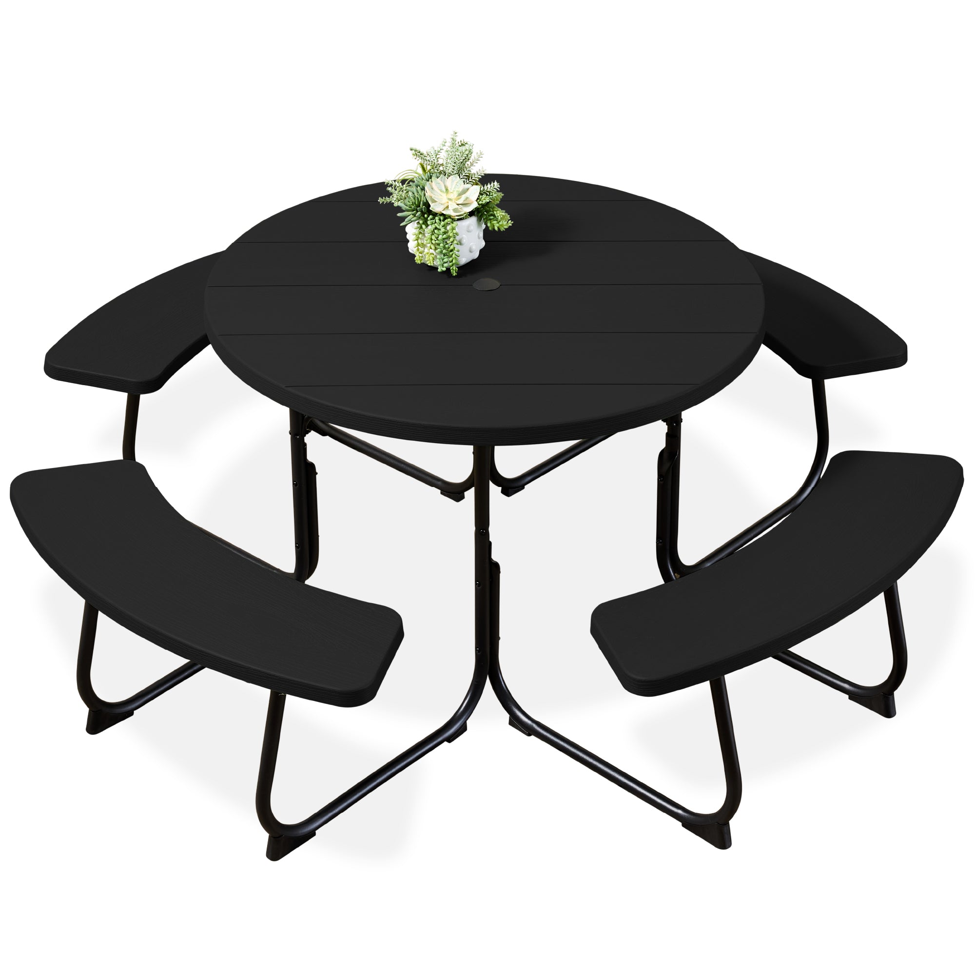 8-Person Circular Picnic Table w/ Umbrella Hole, 4 Benches - Black