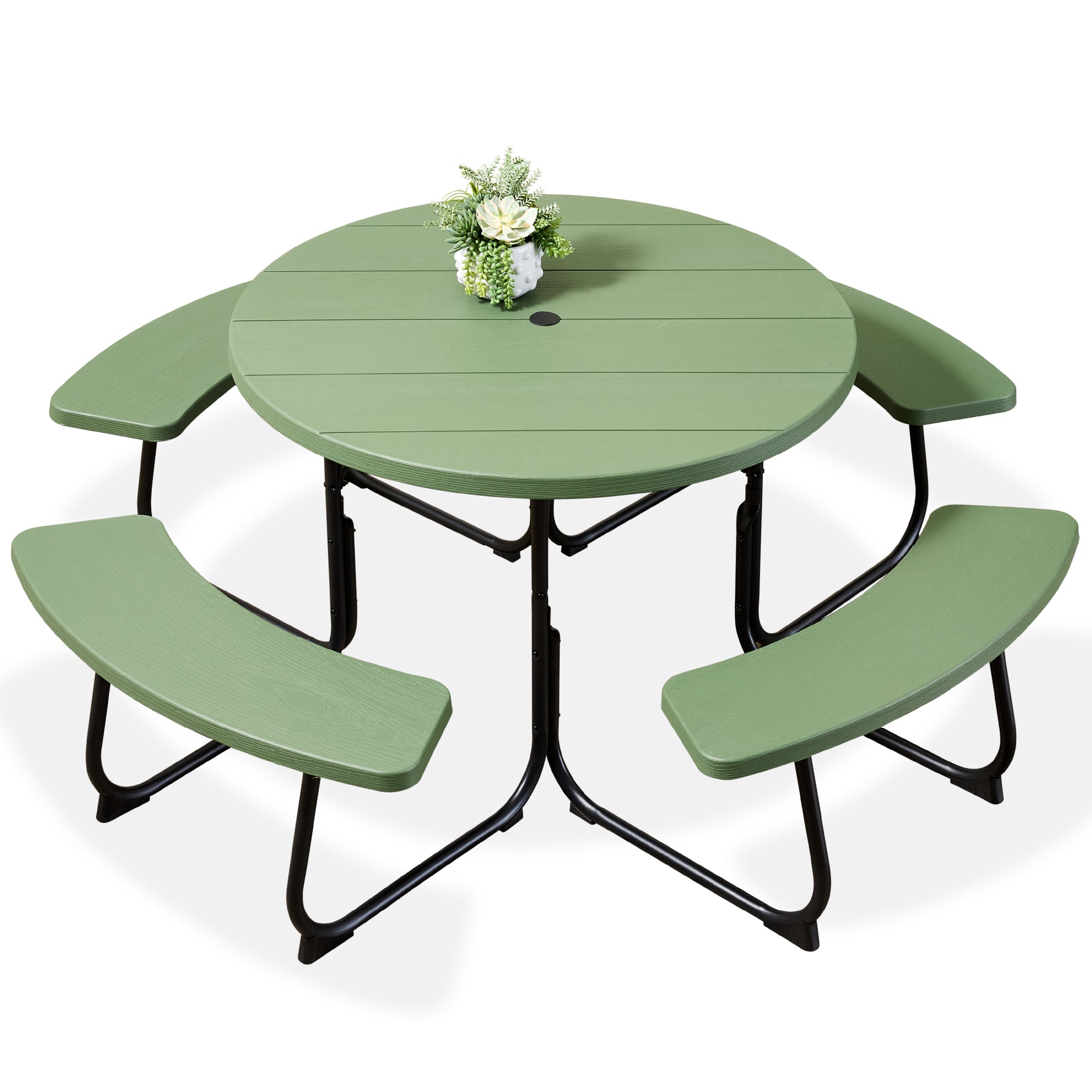 8-Person Circular Picnic Table w/ Umbrella Hole, 4 Benches - Green