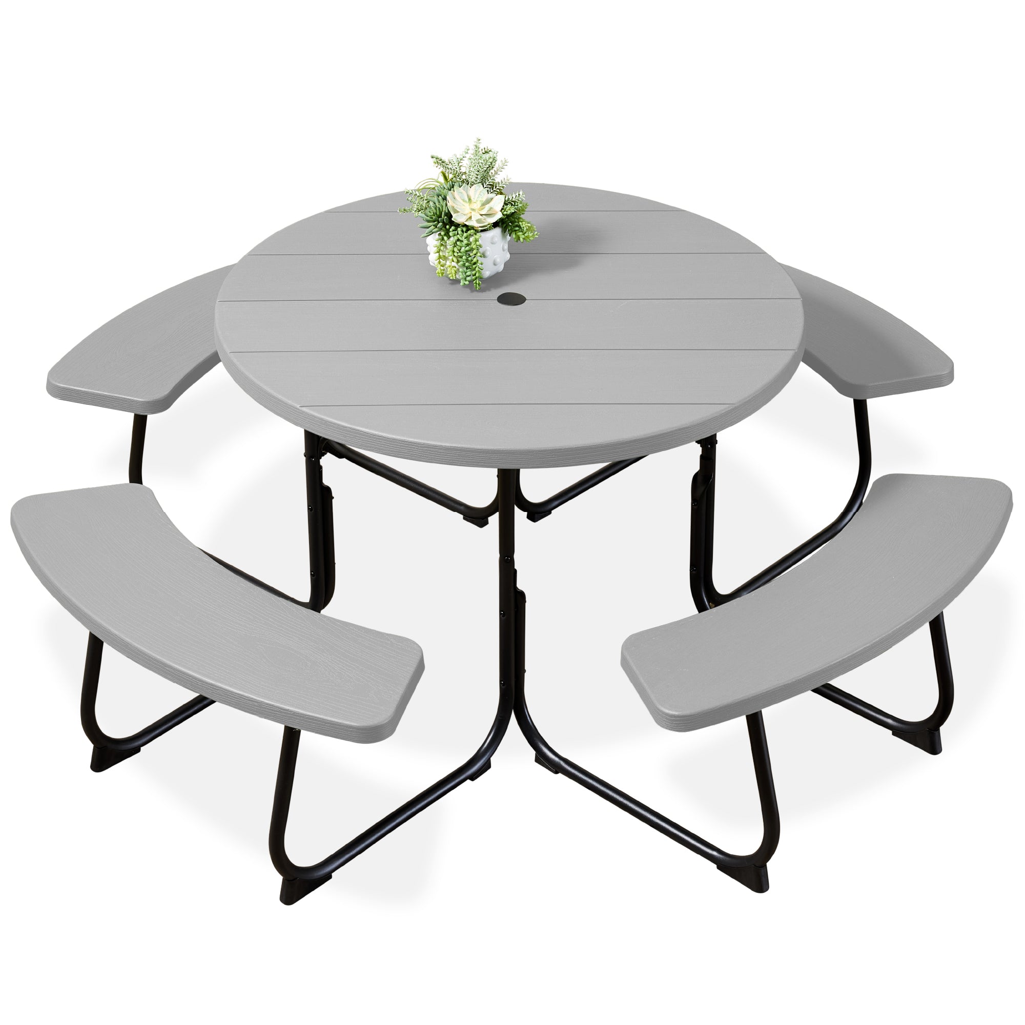 8-Person Circular Picnic Table w/ Umbrella Hole, 4 Benches - Light Gray