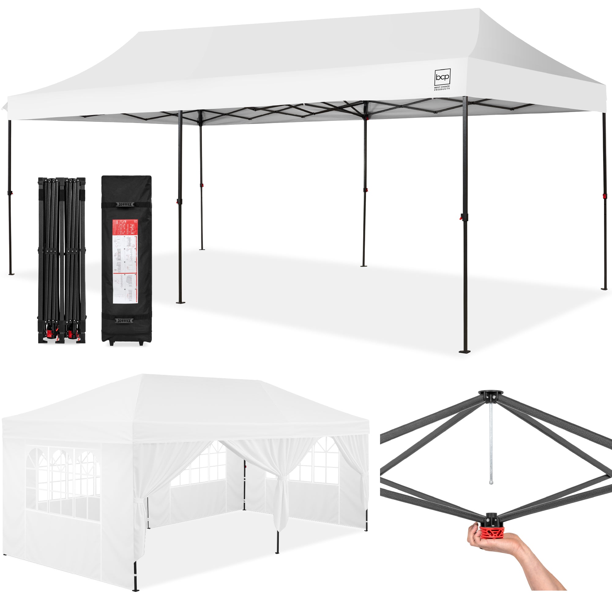 Pop Up Party Tent Canopy w/ 1-Button Easy Setup - 10x20ft - White