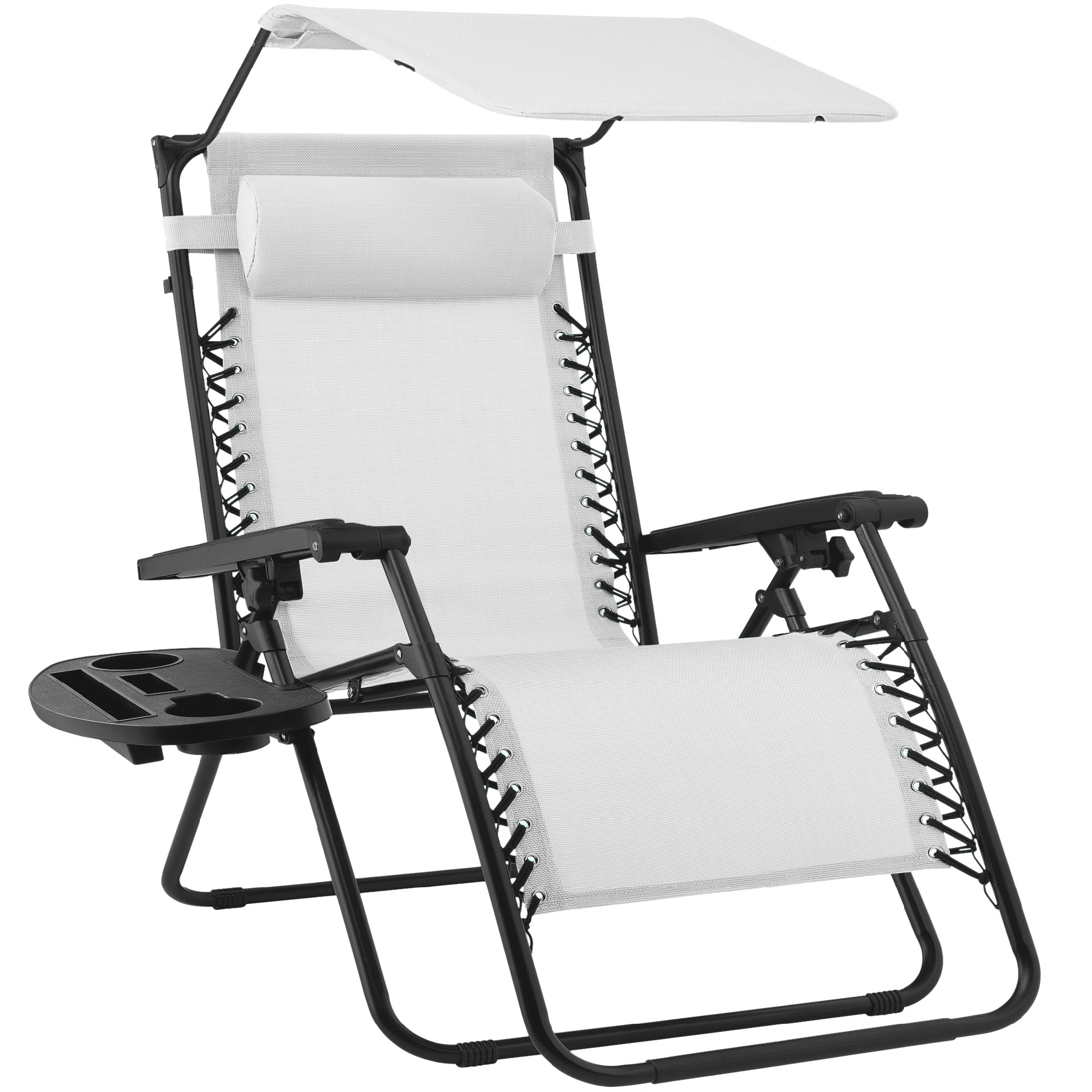 Folding Zero Gravity Recliner Patio Lounge Chair w/ Canopy, Side Tray - White