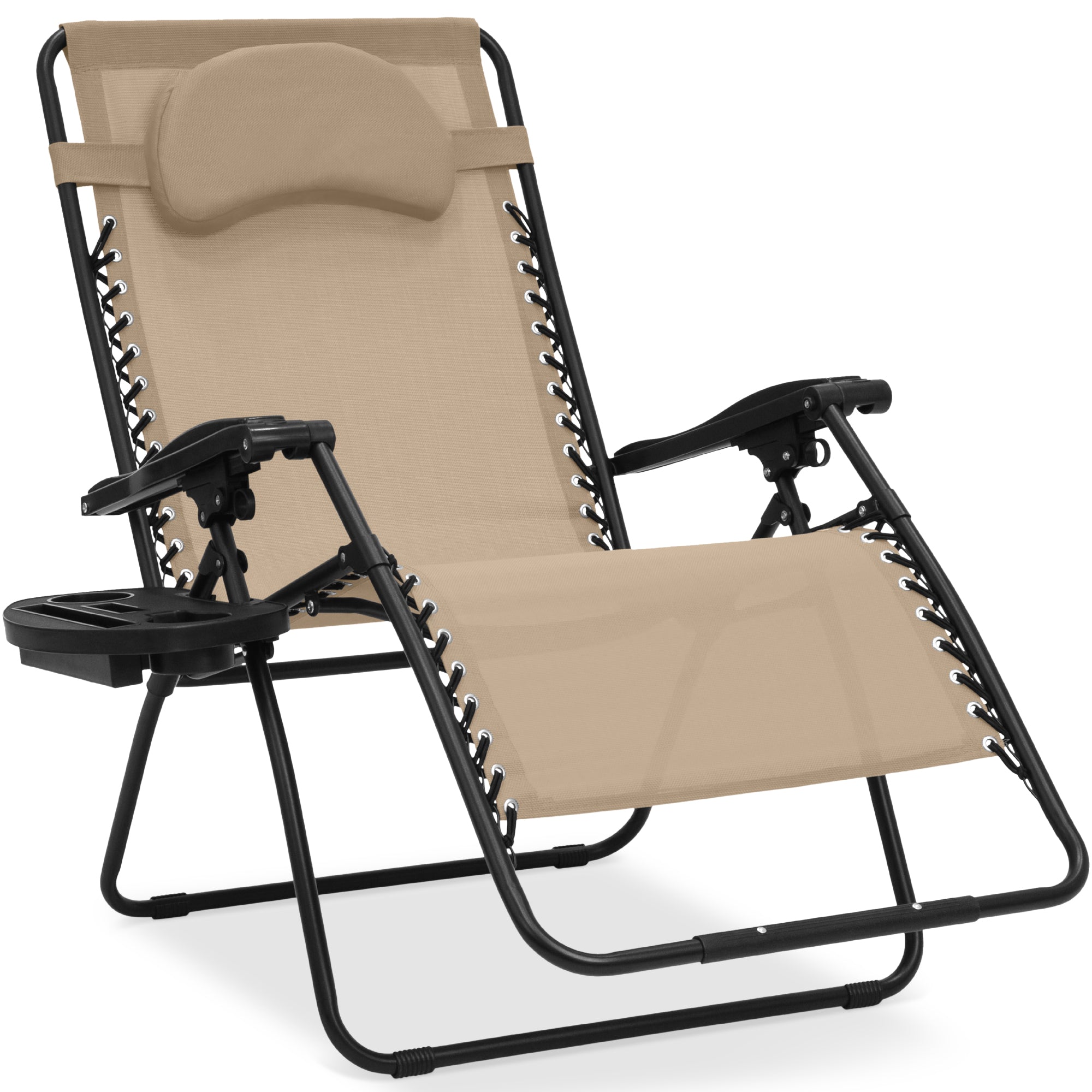 Oversized Reclining Zero Gravity Chair Lounger w/ Cup Holder, Pillow - Sand/Black