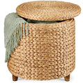17" Round Storage Ottoman with Lid, Handwoven Water Hyacinth Footstool - Natural