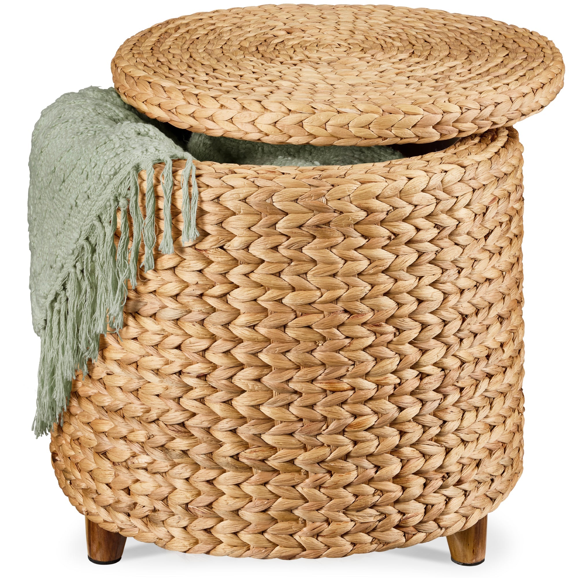 17" Round Storage Ottoman with Lid, Handwoven Water Hyacinth Footstool - Natural