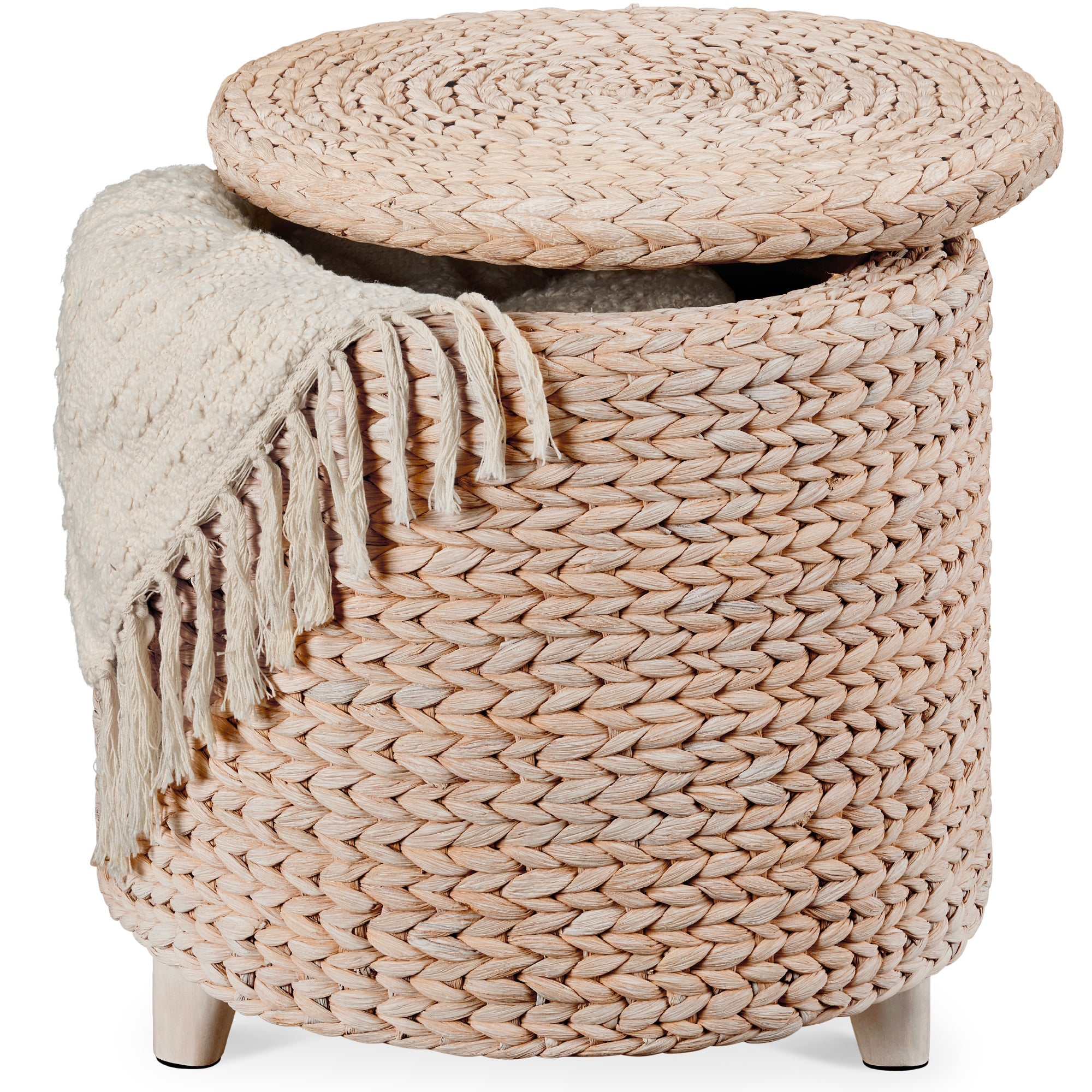 17" Round Storage Ottoman with Lid, Handwoven Water Hyacinth Footstool - Whitewash