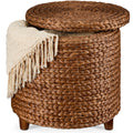 17" Round Storage Ottoman with Lid, Handwoven Water Hyacinth Footstool - Chestnut