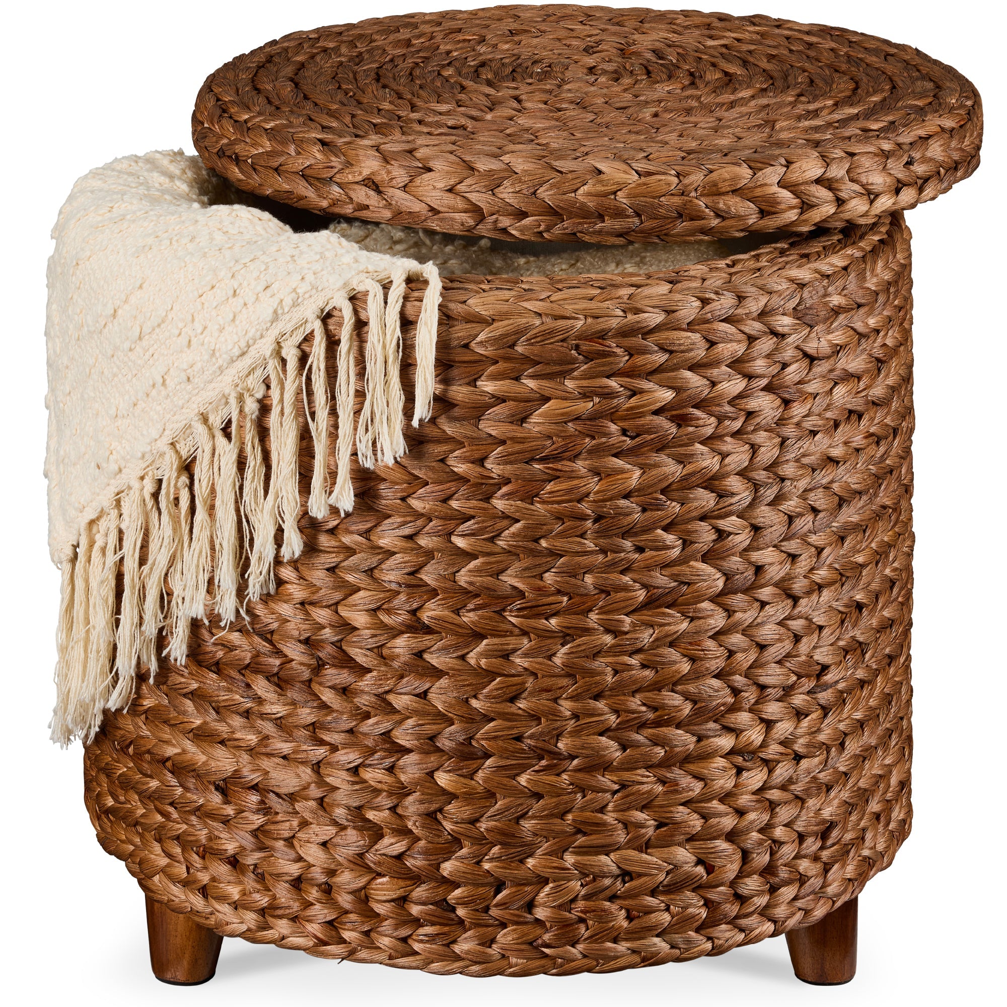 17" Round Storage Ottoman with Lid, Handwoven Water Hyacinth Footstool - Chestnut