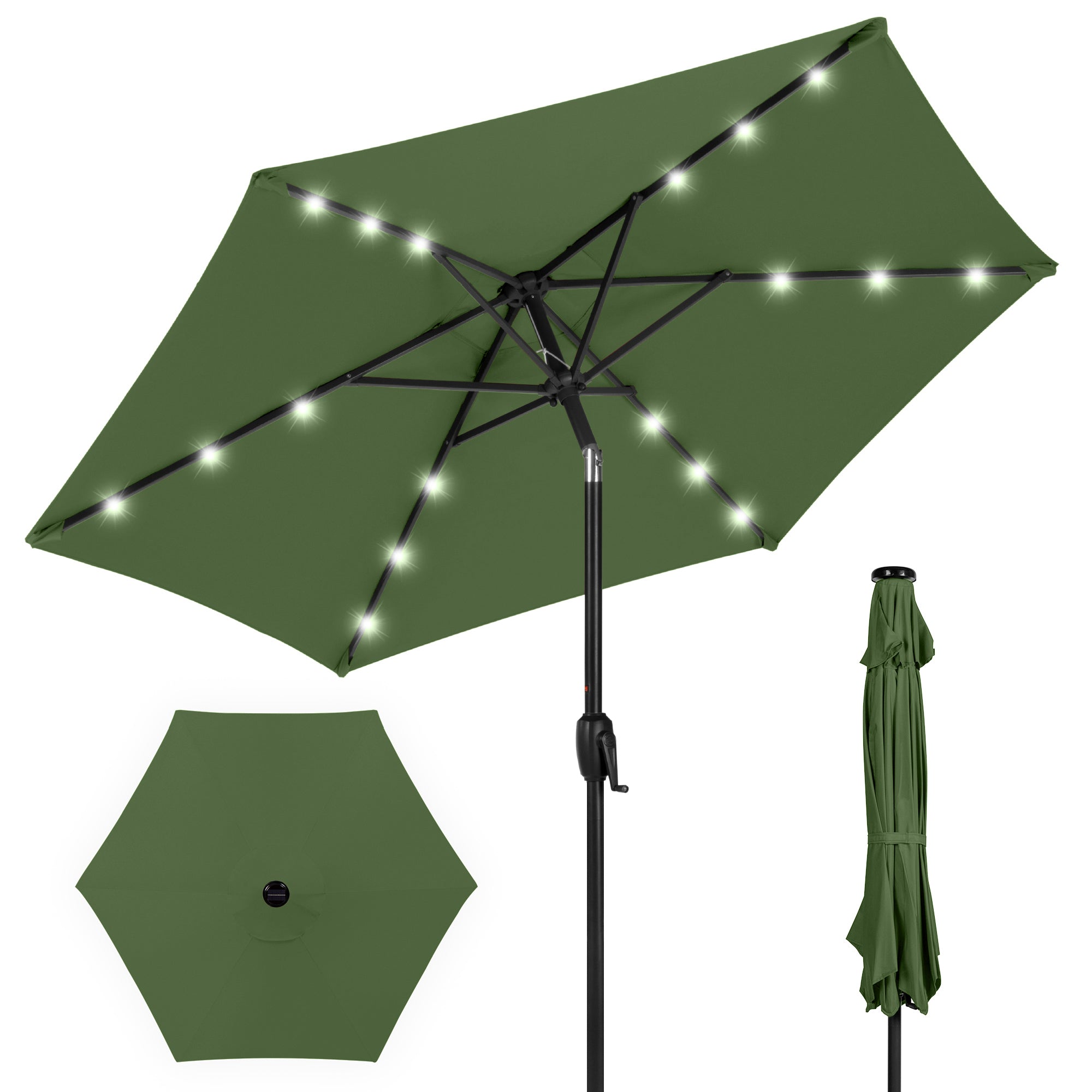 Outdoor Solar Patio Umbrella w/ Push Button Tilt, Crank Lift - 7.5ft - Fern