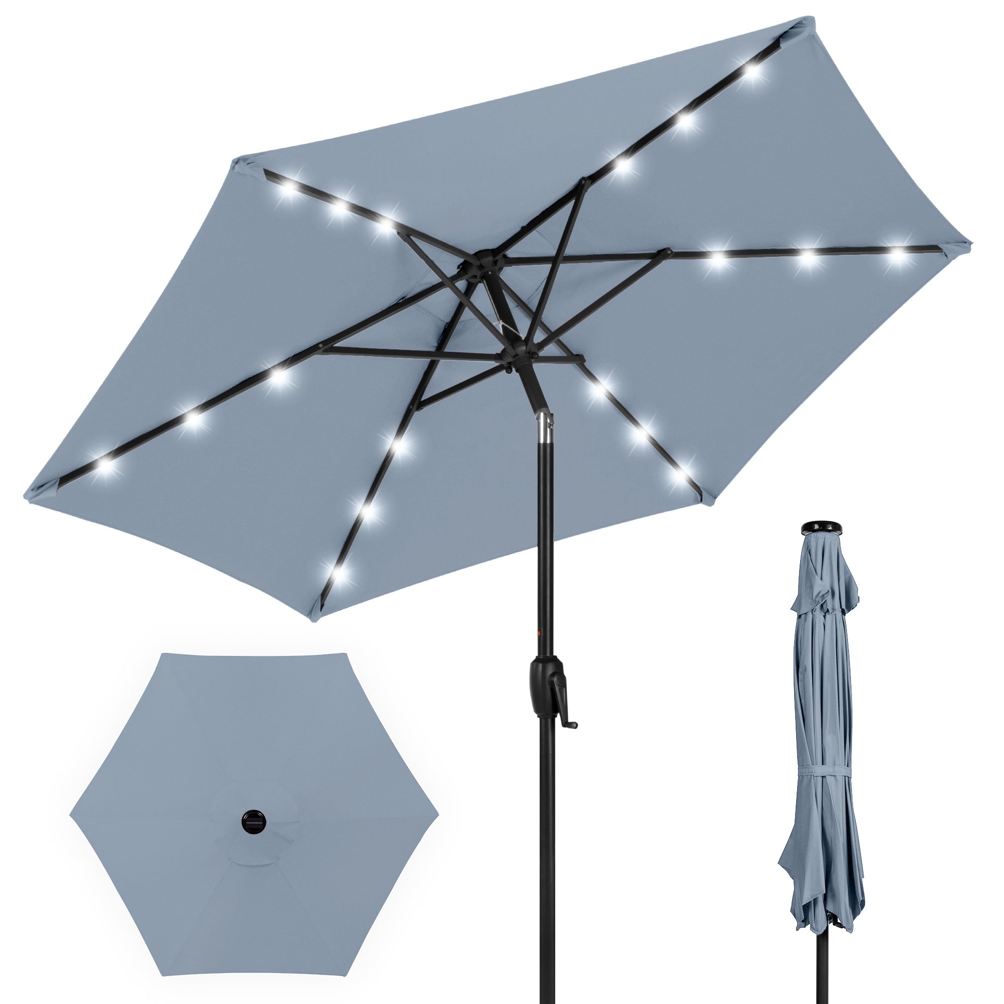 Outdoor Solar Patio Umbrella w/ Push Button Tilt, Crank Lift - 7.5ft - Breeze Blue
