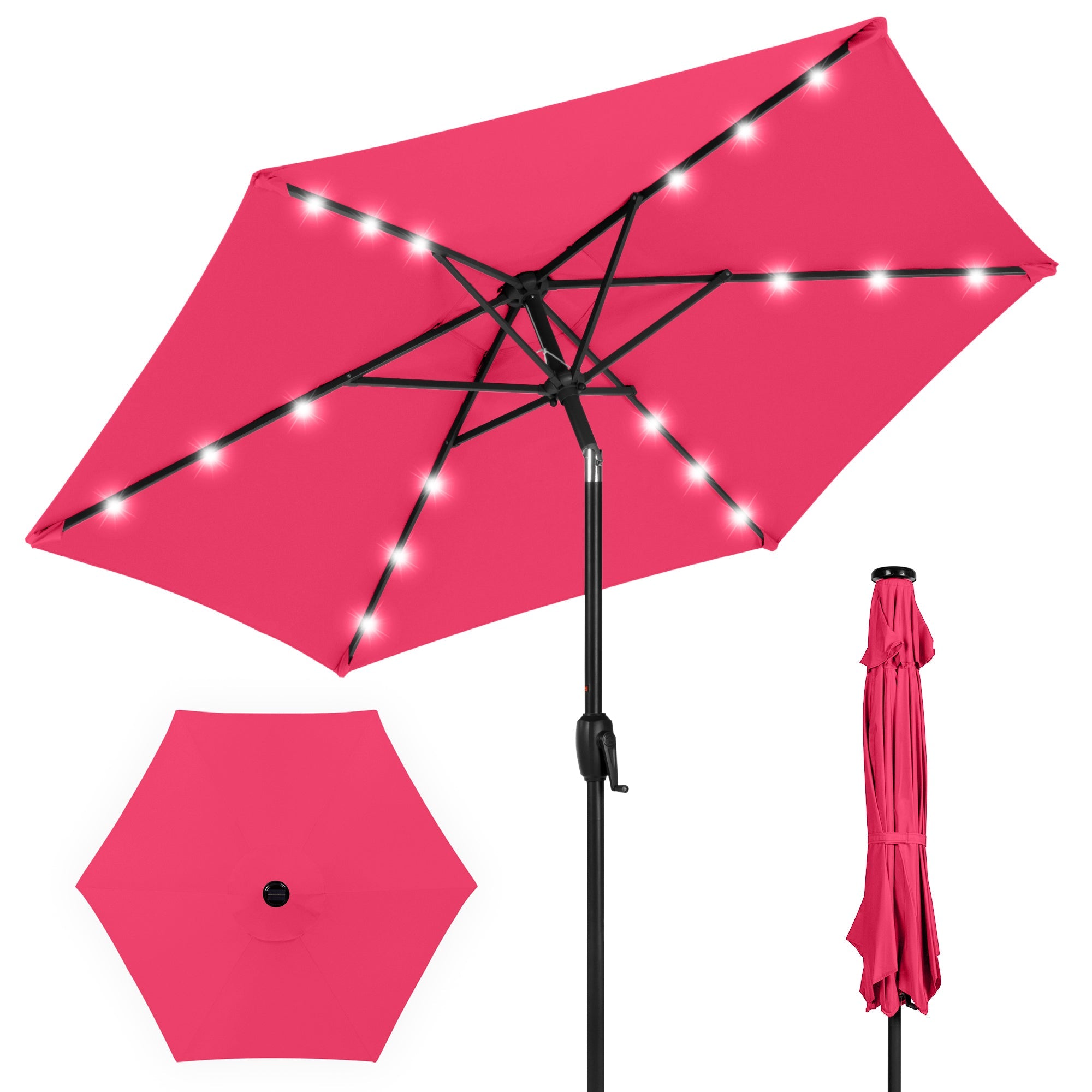 Outdoor Solar Patio Umbrella w/ Push Button Tilt, Crank Lift - 7.5ft - Hot Pink
