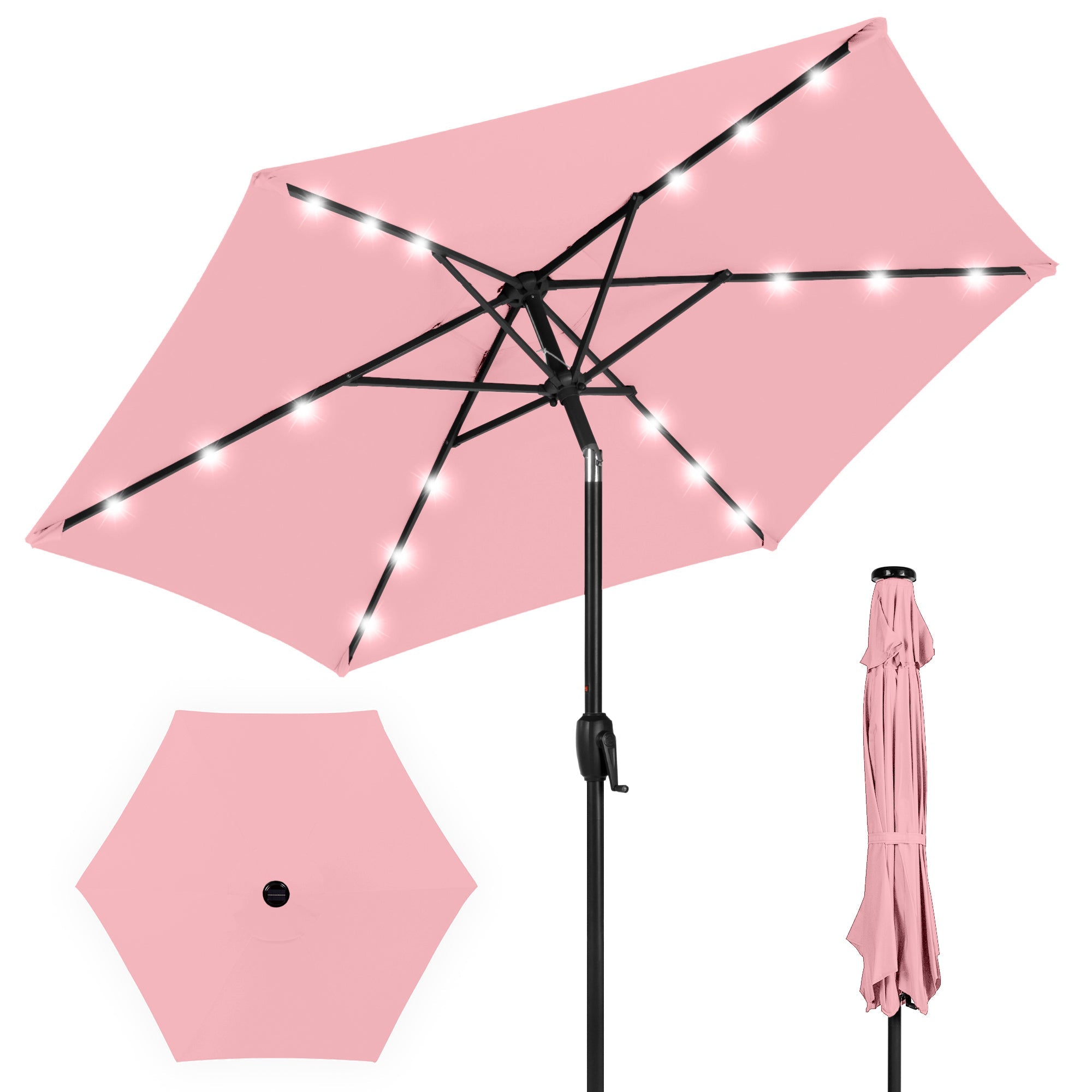 Outdoor Solar Patio Umbrella w/ Push Button Tilt, Crank Lift - 7.5ft - Carnation
