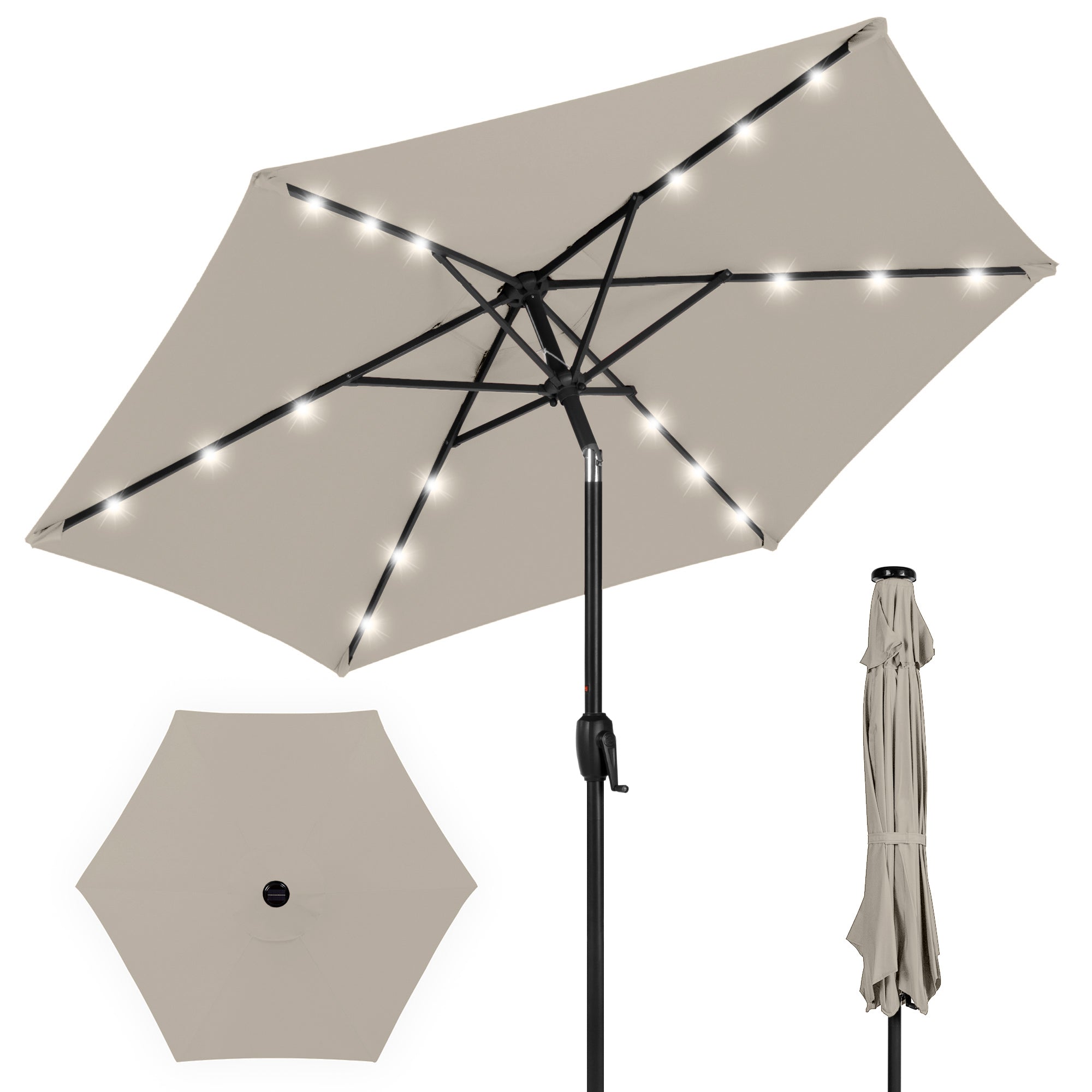 Outdoor Solar Patio Umbrella w/ Push Button Tilt, Crank Lift - 7.5ft - Beige