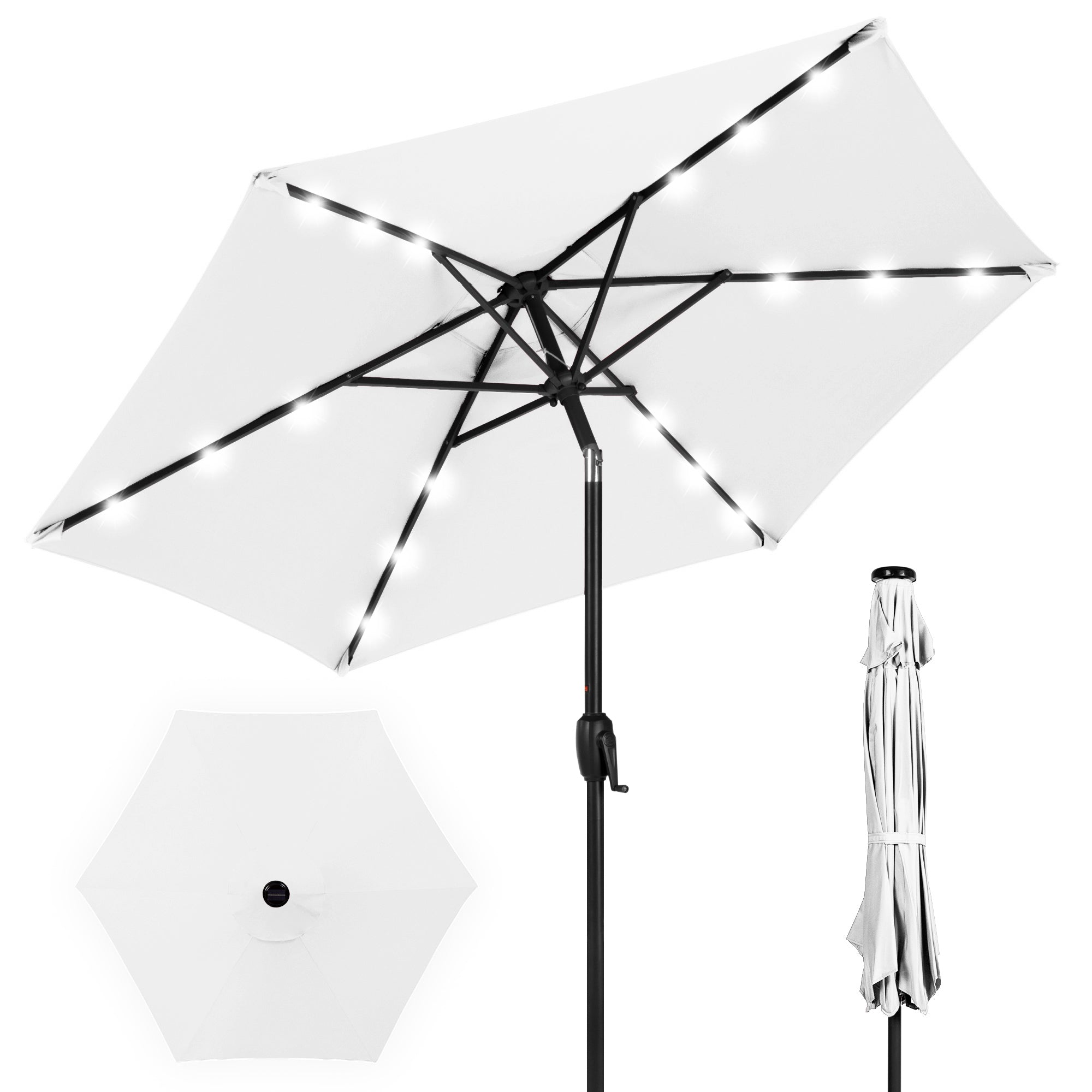 Outdoor Solar Patio Umbrella w/ Push Button Tilt, Crank Lift - 7.5ft - White