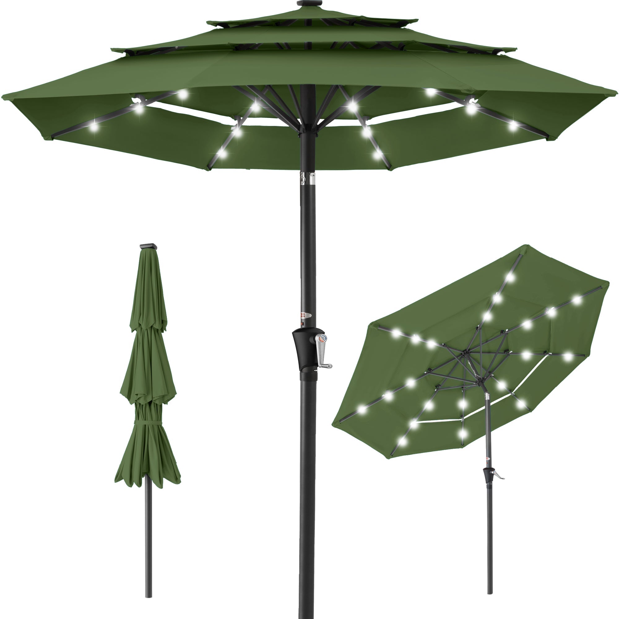 3-Tier Solar Patio Umbrella w/ LED Lights, Tilt Adjustment, Crank - 10ft - Fern