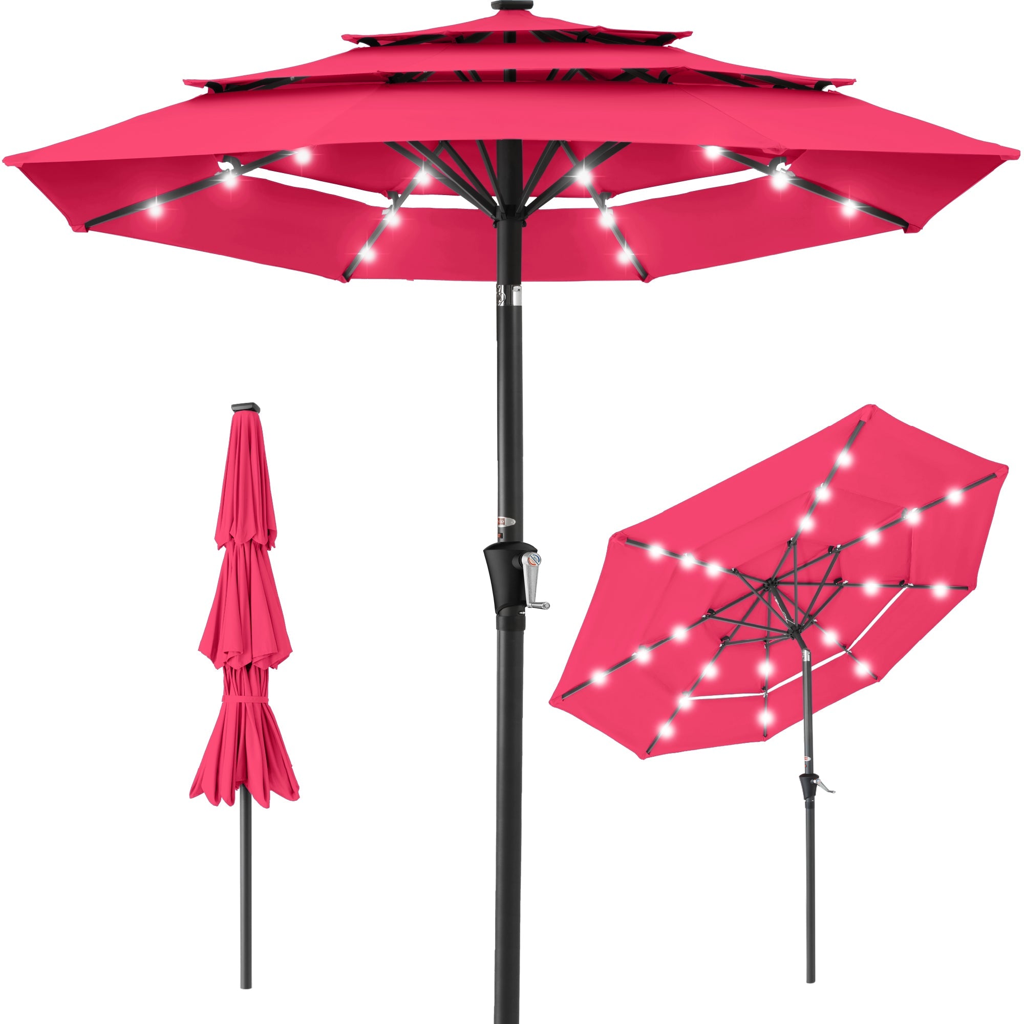 3-Tier Solar Patio Umbrella w/ LED Lights, Tilt Adjustment, Crank - 10ft - Hot Pink