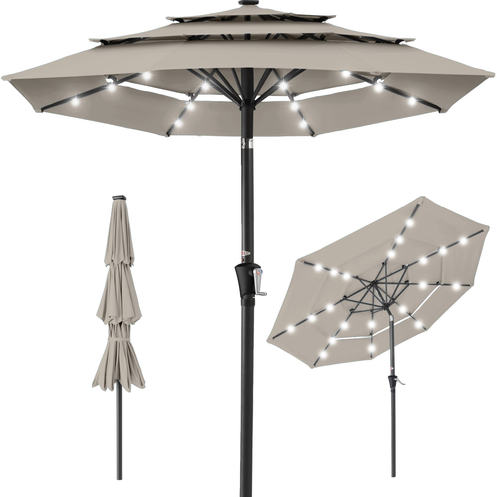 3-Tier Solar Patio Umbrella w/ LED Lights, Tilt Adjustment, Crank - 10ft - Beige
