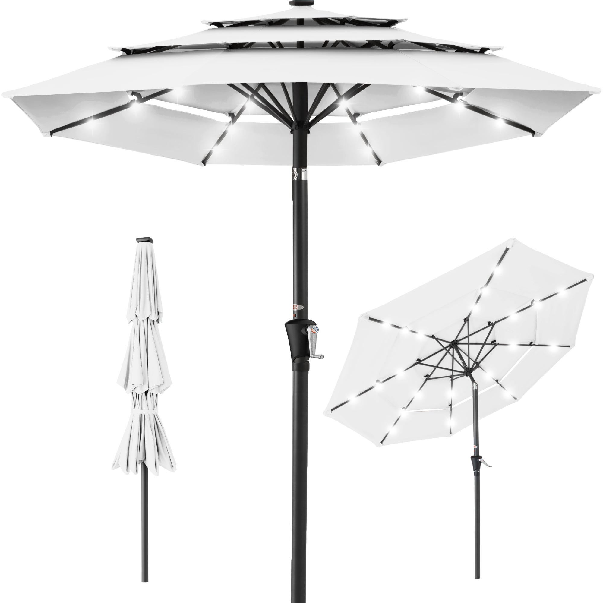 3-Tier Solar Patio Umbrella w/ LED Lights, Tilt Adjustment, Crank - 10ft - White