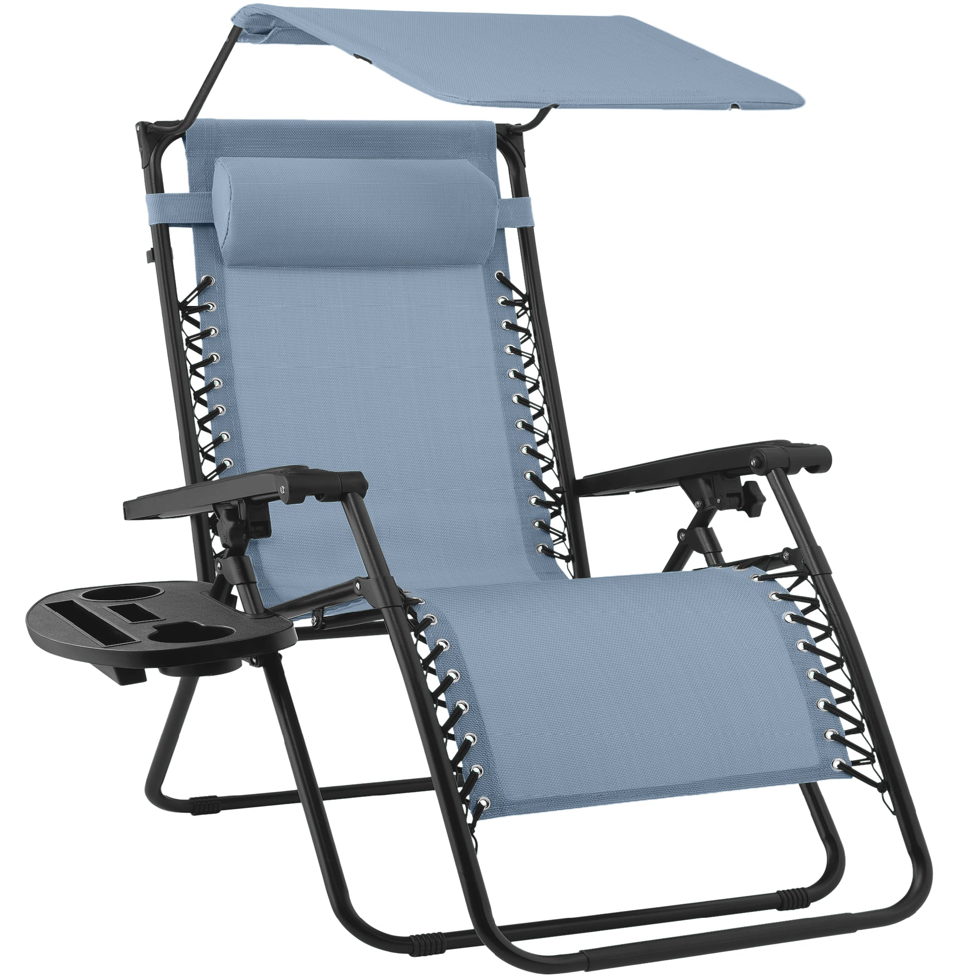 Folding Zero Gravity Recliner Patio Lounge Chair w/ Canopy, Side Tray - Dusty Blue