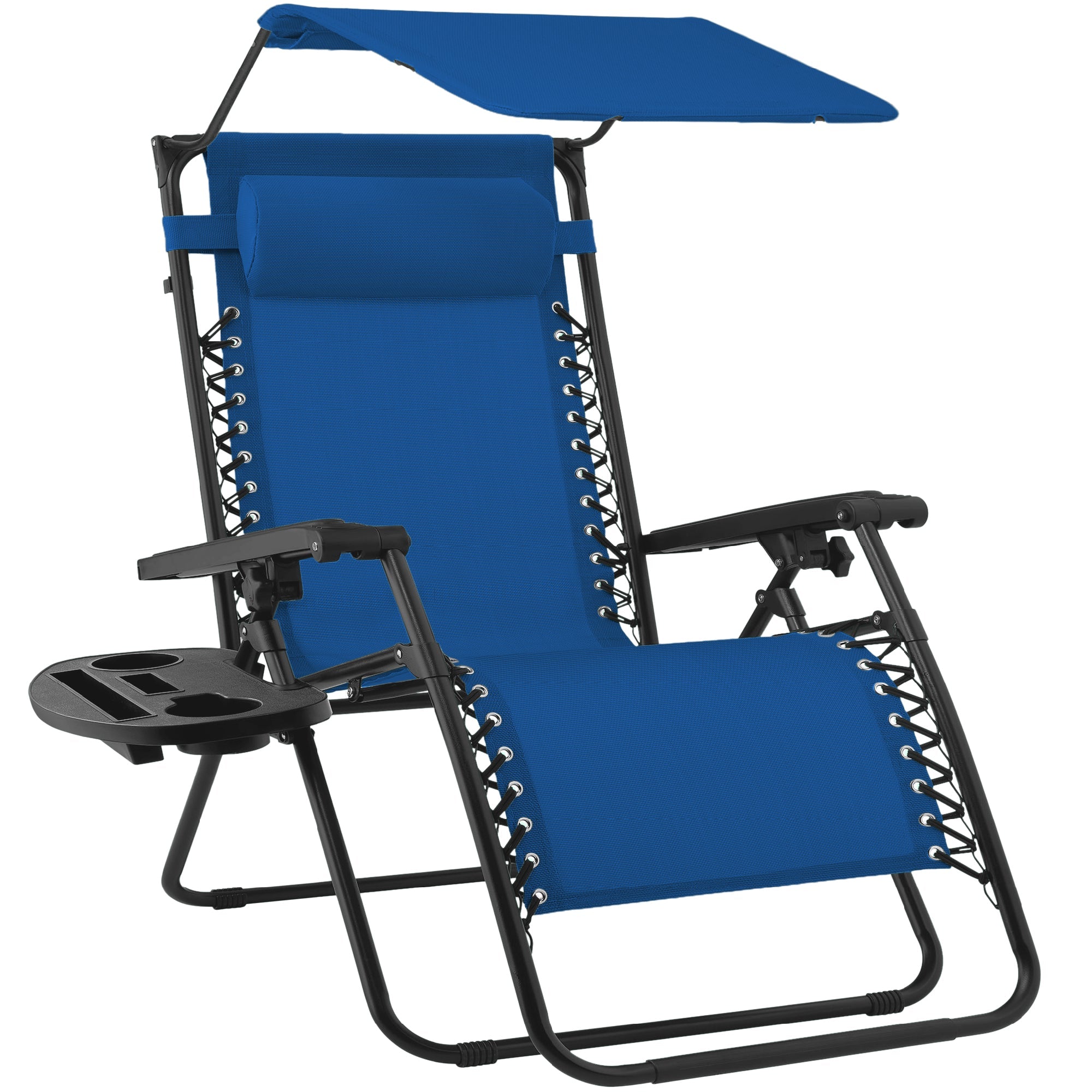 Folding Zero Gravity Recliner Patio Lounge Chair w/ Canopy, Side Tray - Marine Blue