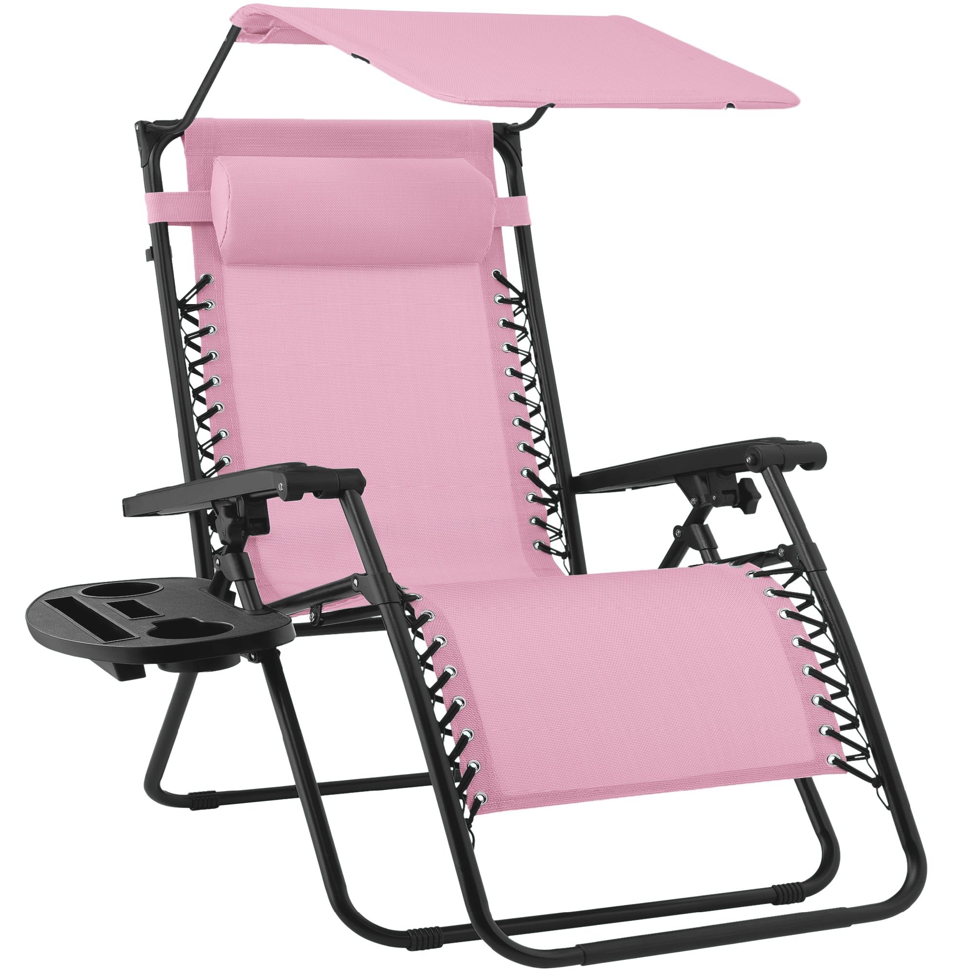 Folding Zero Gravity Recliner Patio Lounge Chair w/ Canopy, Side Tray - Bubblegum Pink
