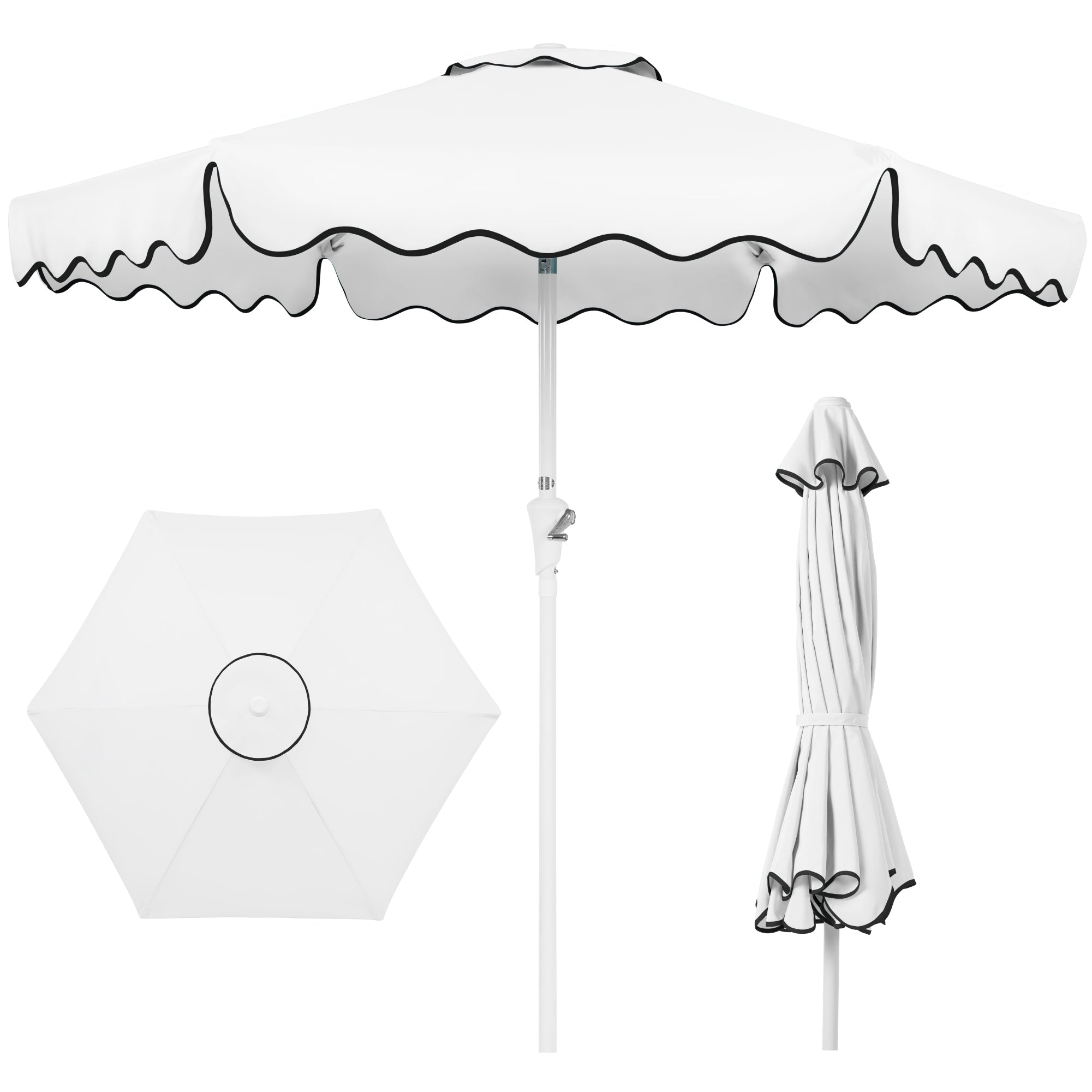 7.5ft Patio Market Umbrella,Wavy Trim, UV-Fade-Resistant, Crank & Tilt - White
