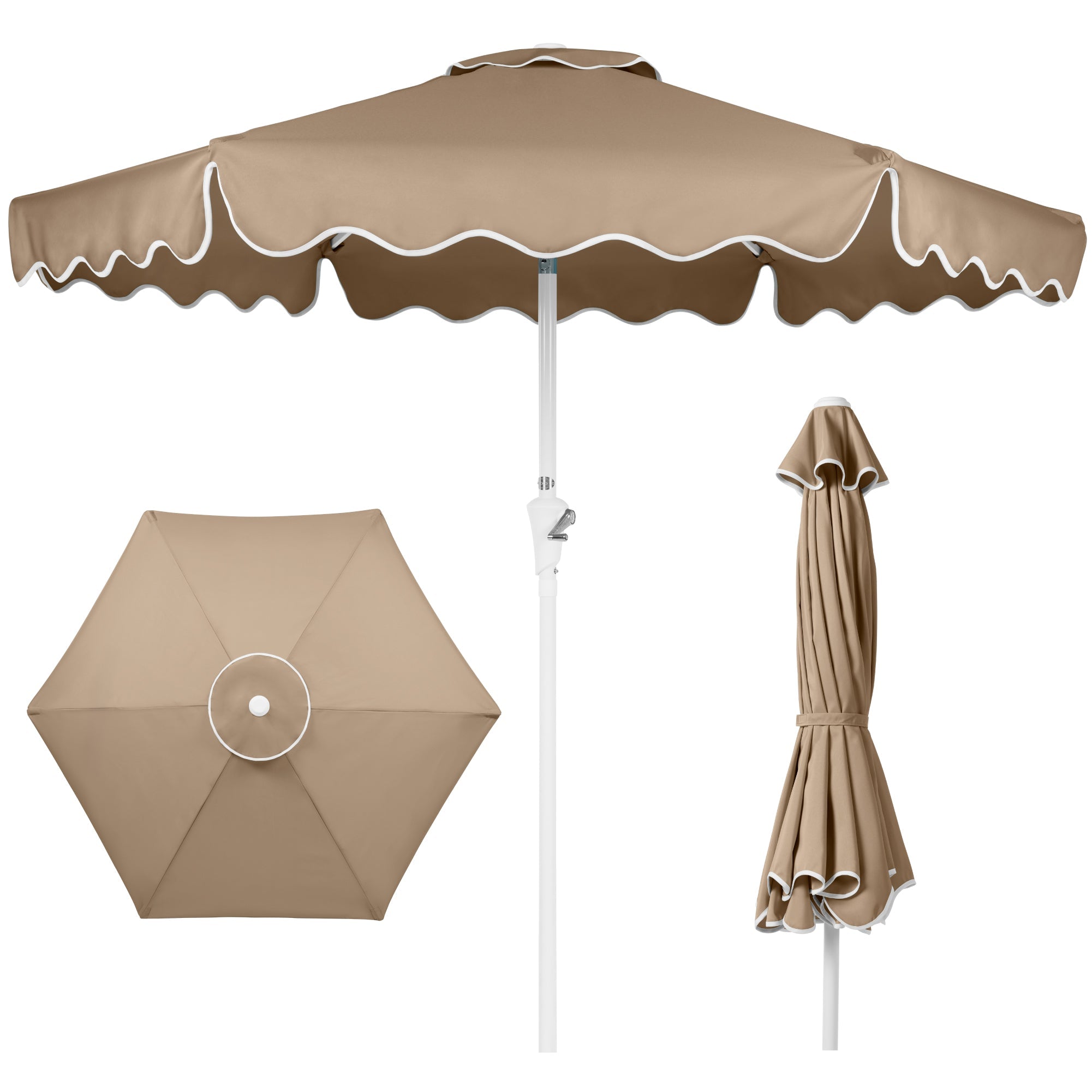 7.5ft Patio Market Umbrella,Wavy Trim, UV-Fade-Resistant, Crank & Tilt - Tan