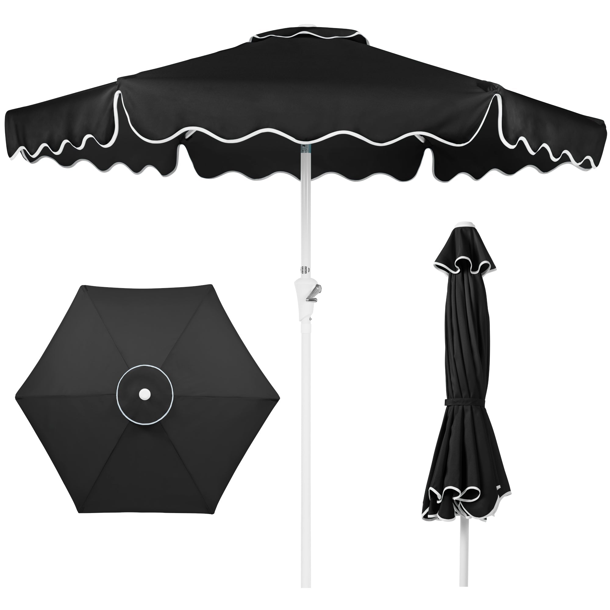 7.5ft Patio Market Umbrella,Wavy Trim, UV-Fade-Resistant, Crank & Tilt - Black